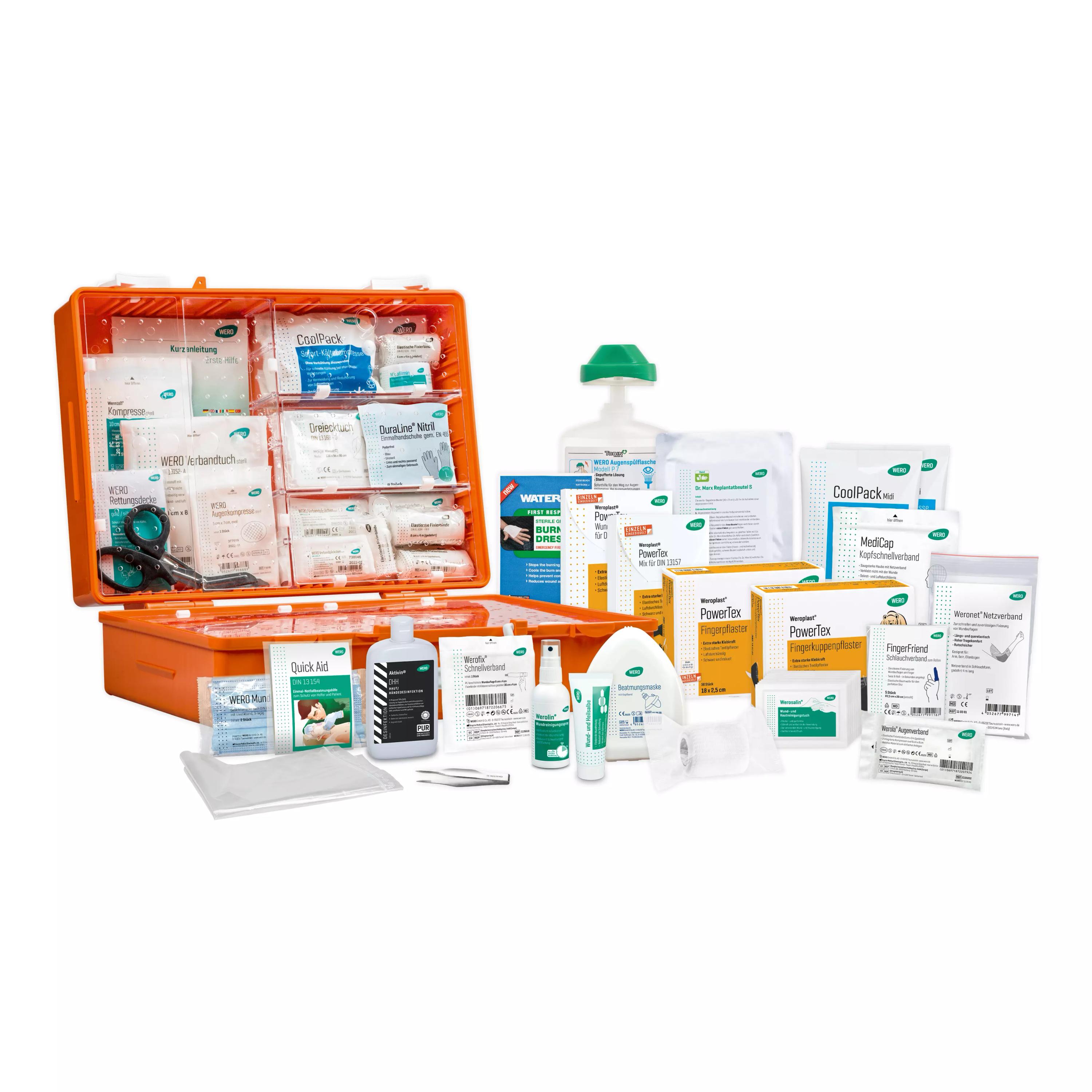 Offener Werotop® 450 Erste Hilfe Koffer Logistik / Versand DIN 13157 mit WERO Füllung, Werolin® Wundreinigungsspray und zusätzlicher CoolPack Kältekompresse.