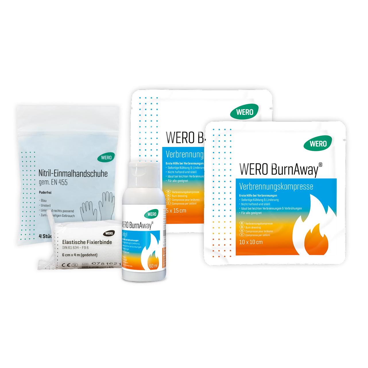 WERO Verbrennungs-Set, Mini mit kühlendem Gel, zwei elastischen Fixierbinden und Water-Jel Kompressen für die Erstversorgung bei Verbrennungen.
