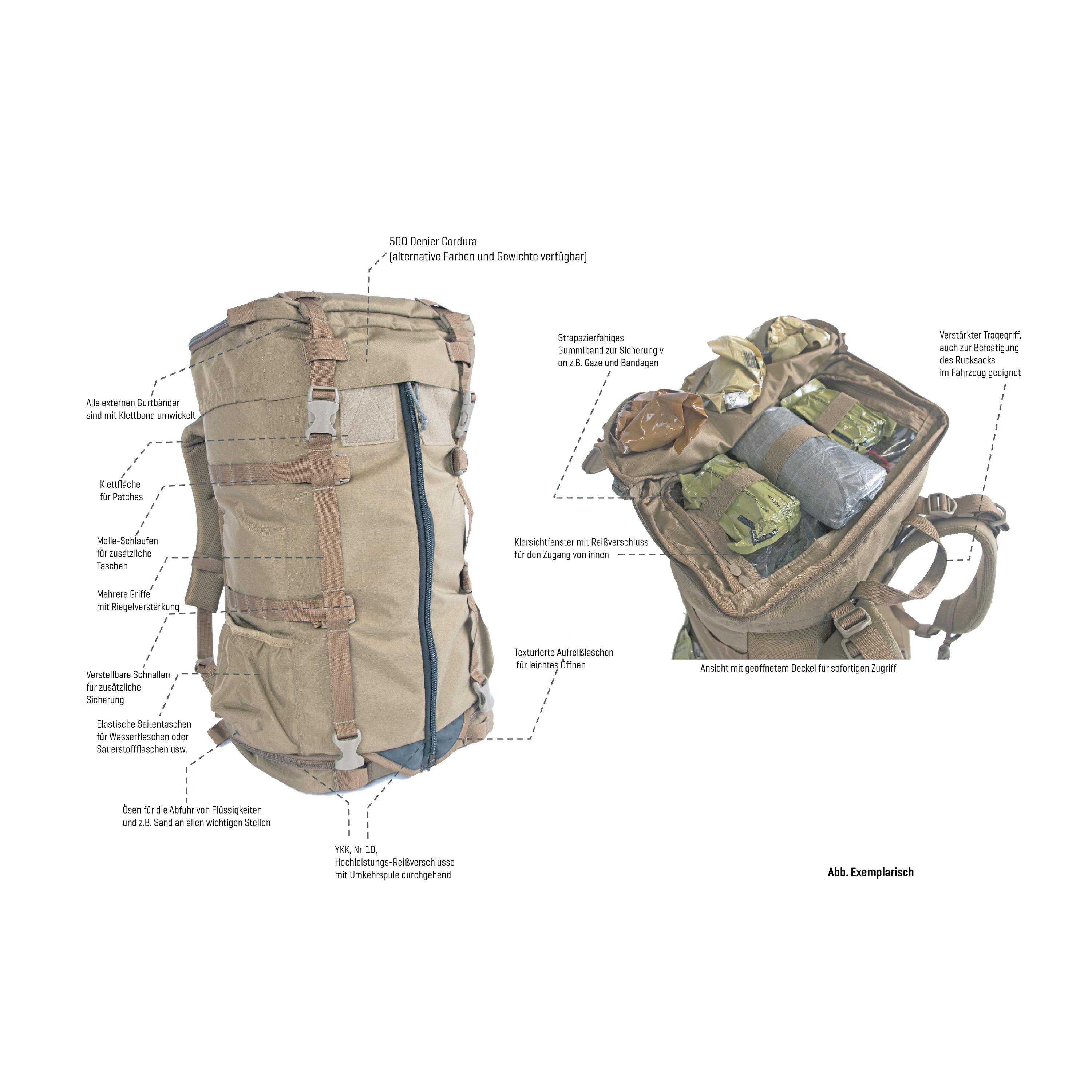 Der Prometheus Lacuna Medical Bergan Notfallrucksack - L, Schwarz zeigt ein großes Modell mit schnell zu öffnendem System, unabhängig zu öffnenden Fächern und sechs herausnehmbaren Taschen.