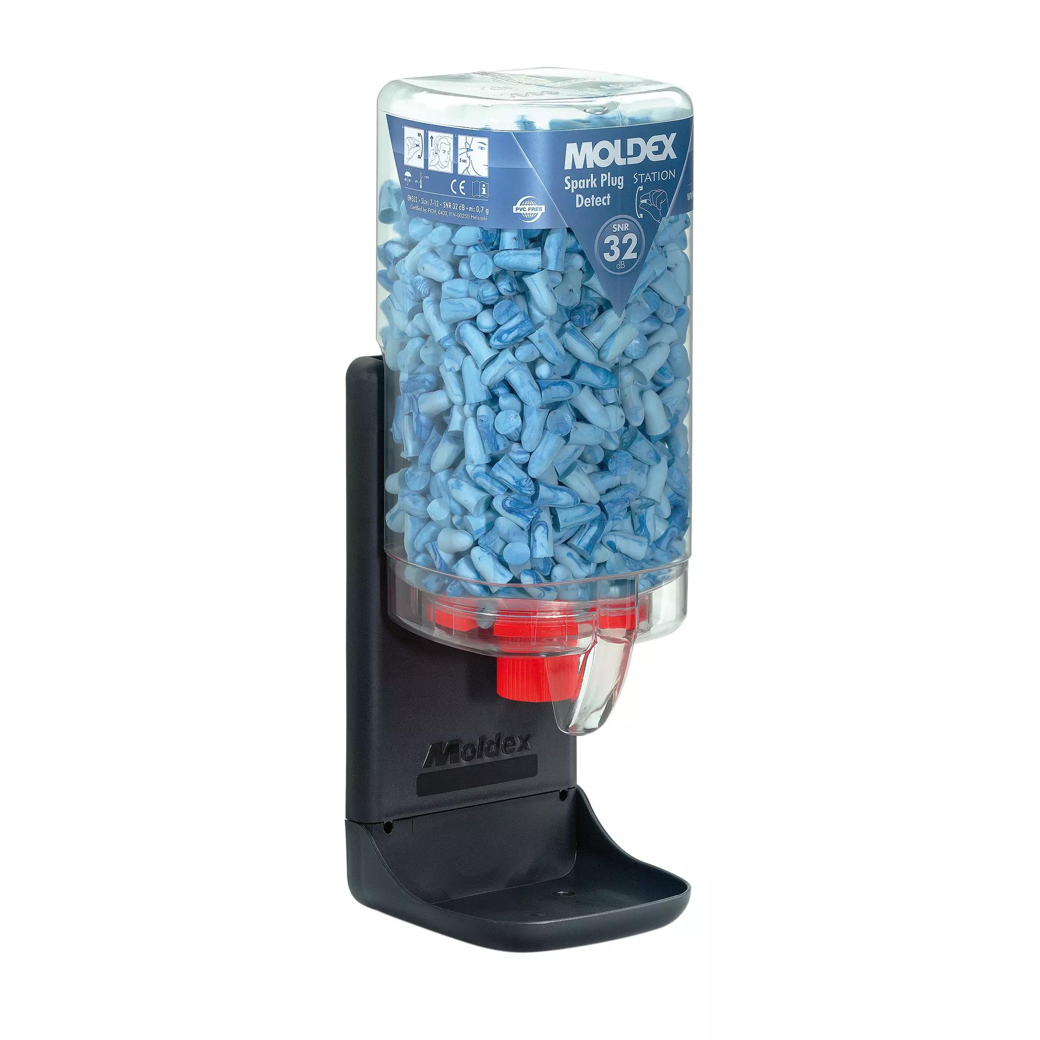 Transparenter Zylinder mit 500 blauen MOLDEX Spender Gehörschutzstöpseln Spark Plugs® Detect und rot abgedecktem Ausgabemechanismus.