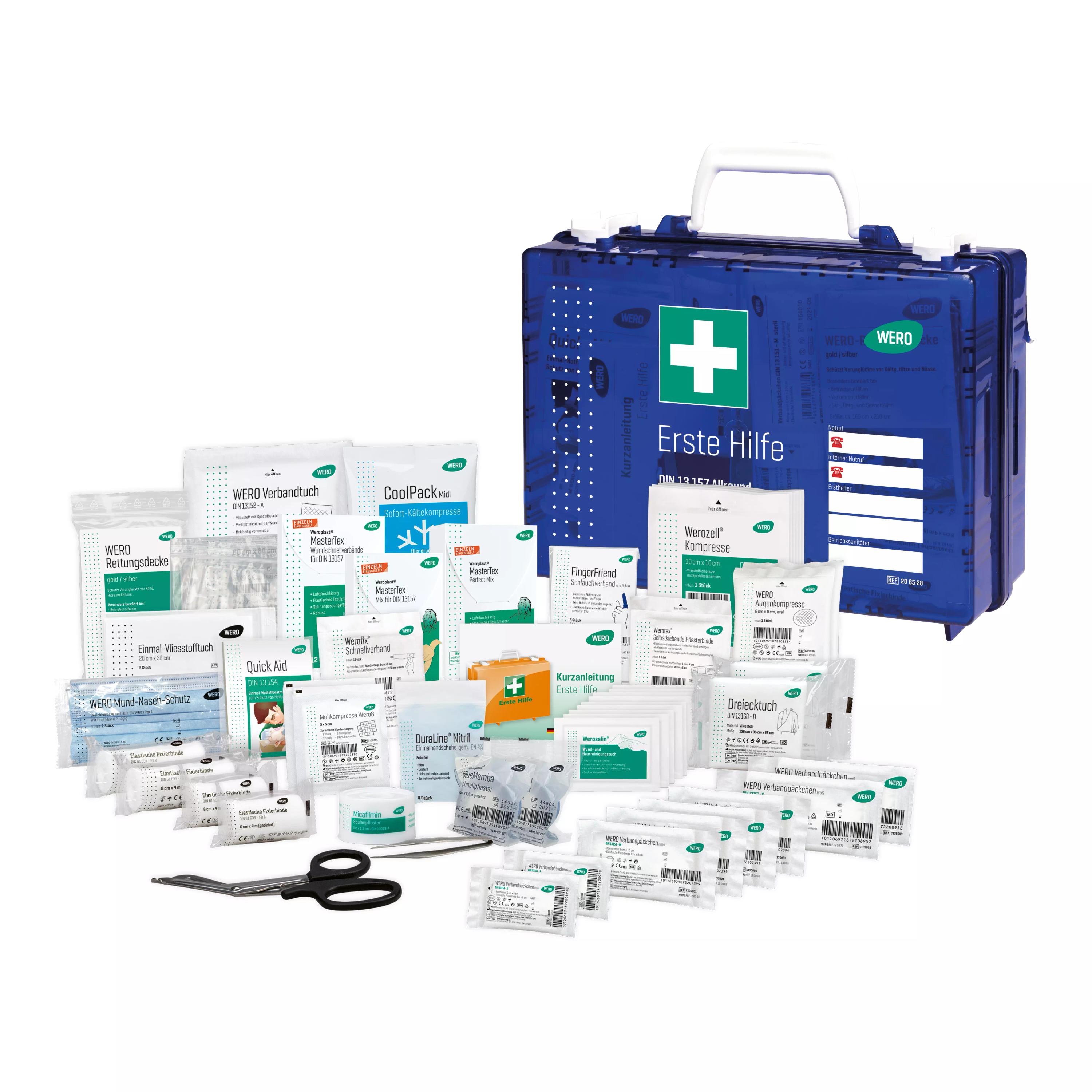 Offener Werotop® clear Erste Hilfe Koffer DIN 13157 Allround in transparentem Blau mit verschieden großen Verbänden, Desinfektionstüchern und Schere.