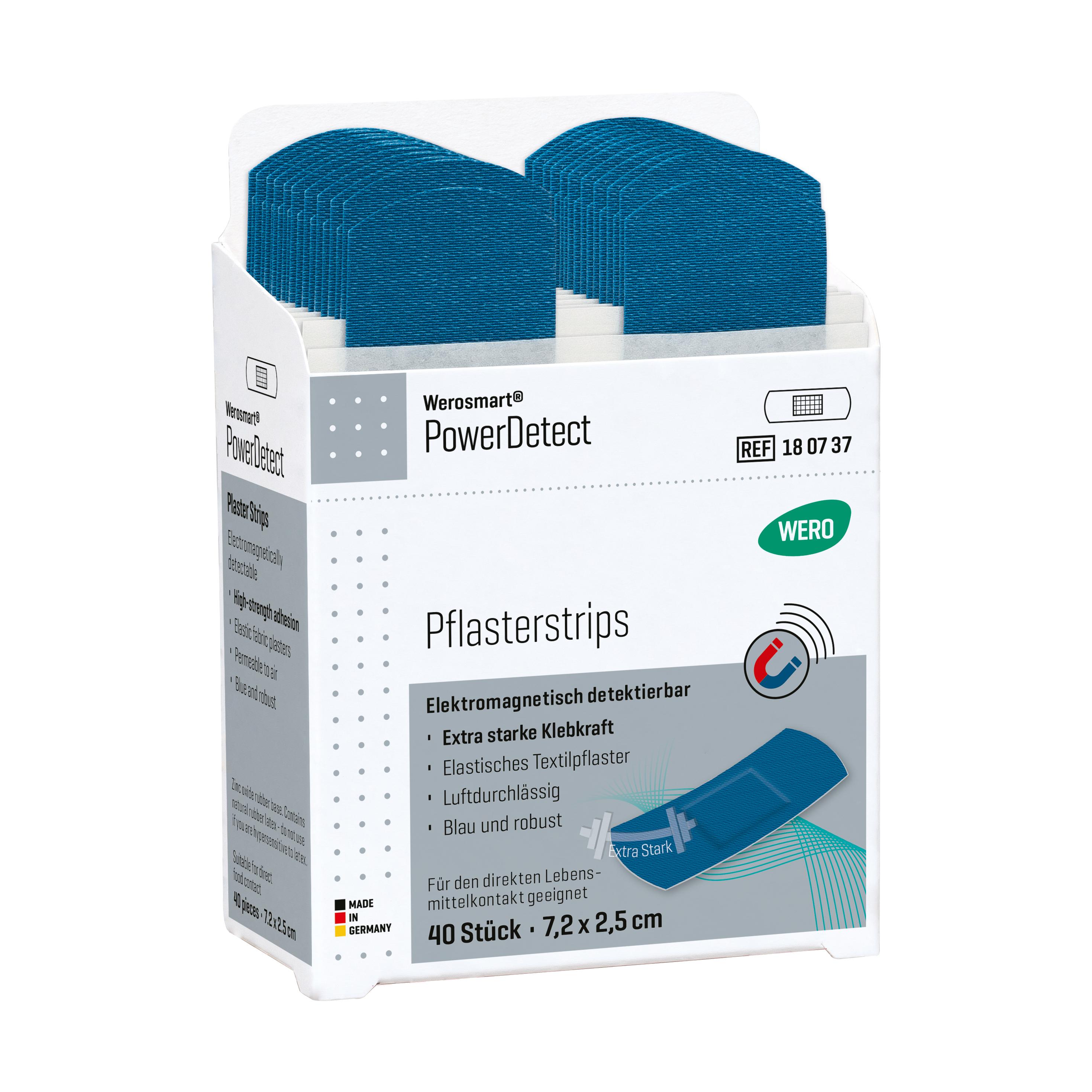 Eine aufrecht stehende Box Werosmart® PowerDetect Pflasterspender-Einsätze zeigt blaue, elektromagnetisch detektierbare Strips mit extra starker Klebekraft.