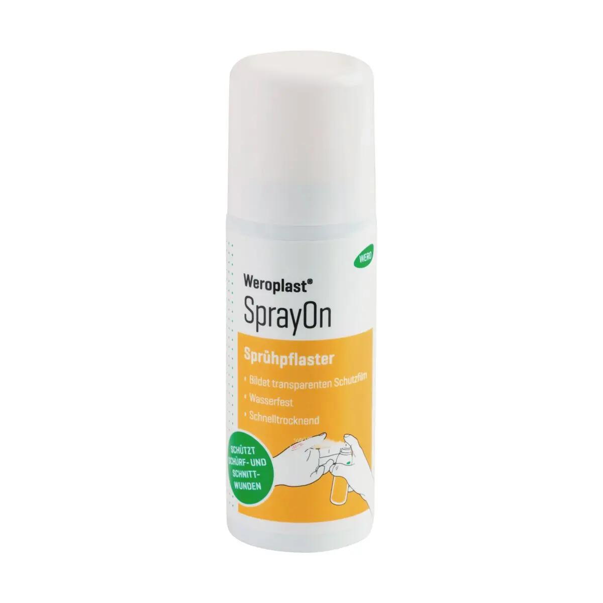 Eine weiße Flasche Weroplast® SprayOn – Sprühpflaster, 50 ml, mit oranger Beschriftung steht aufrecht, Produktdetails auf dem Etikett sichtbar.