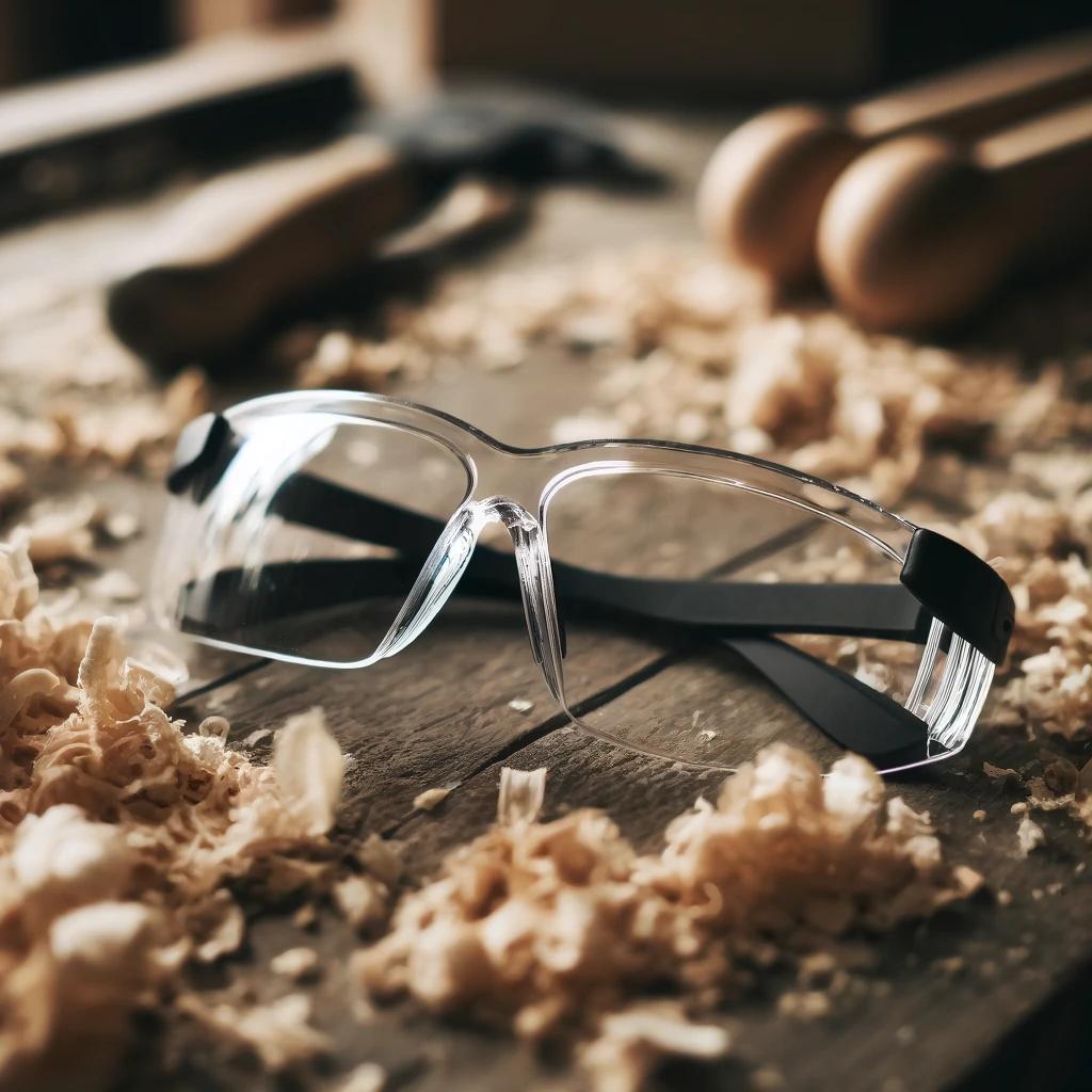 Klare Schutzbrille mit schwarzem Rahmen.
