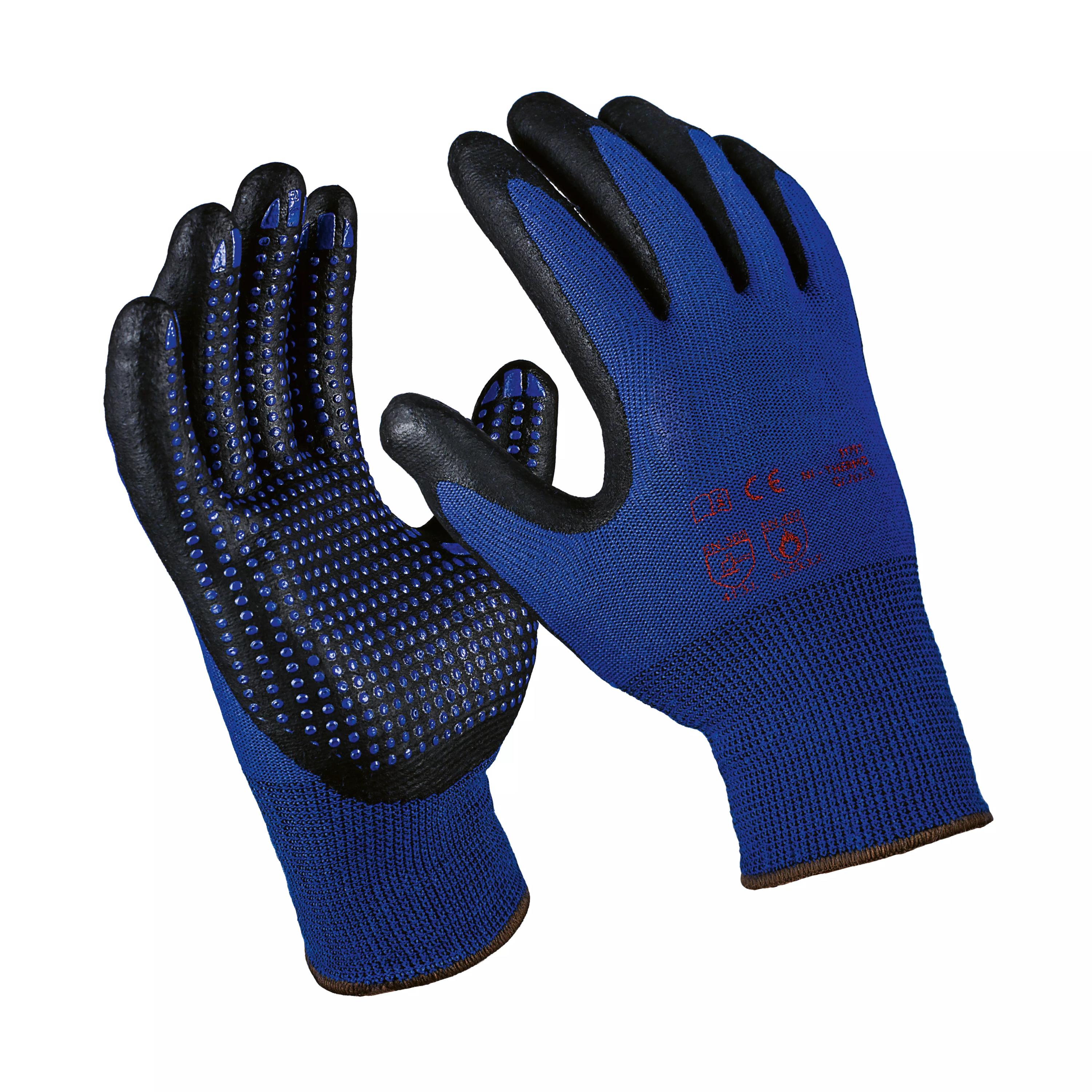 Zwei Hitzeschutzhandschuh Thermo Heat, Größe 7, blau mit schwarzer Innenfläche, zeigen strukturierte Handflächen und verstärkte, gerippte Bündchen.