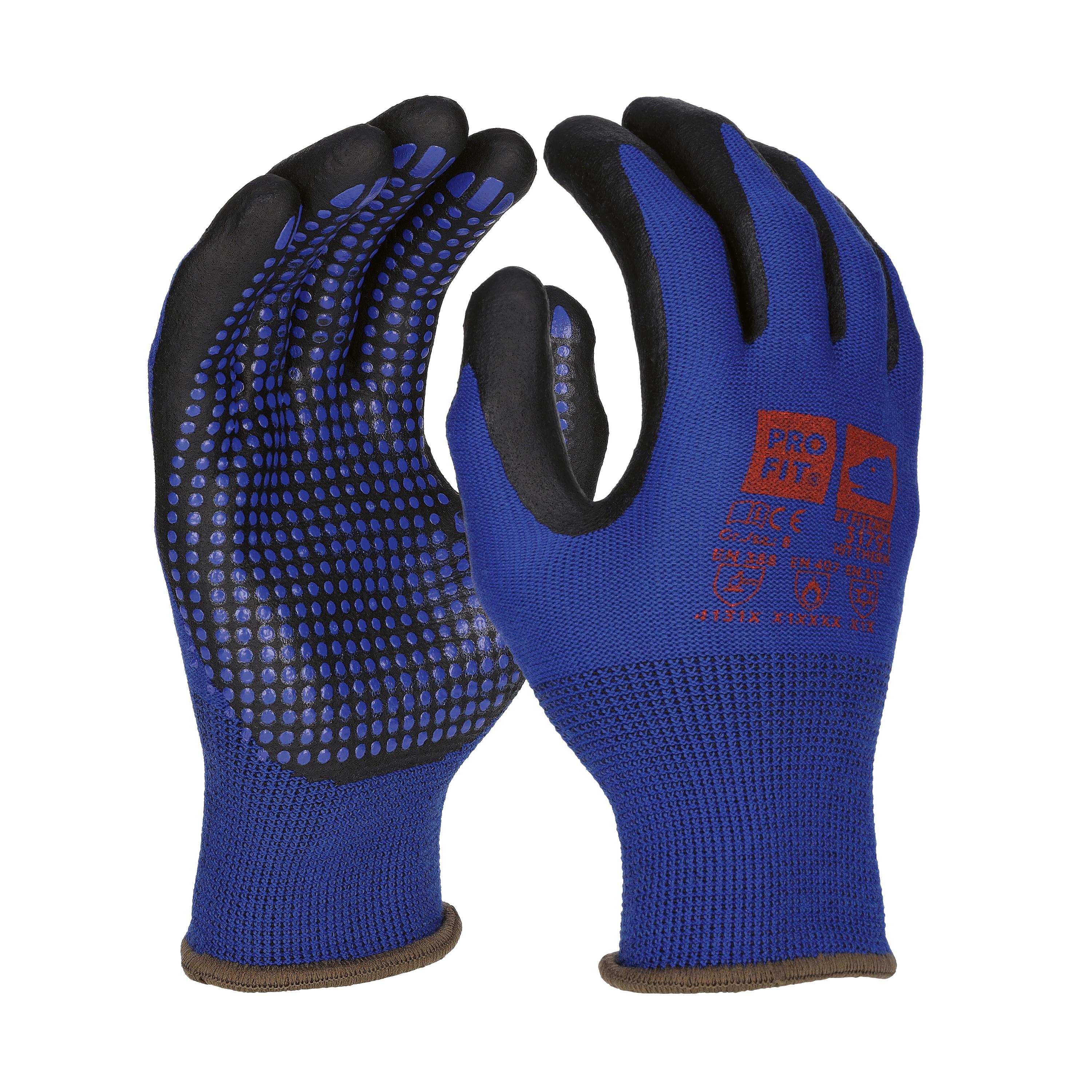 Zwei Hitzeschutzhandschuh Thermo Heat, Größe 7, blau mit schwarzer Innenfläche, zeigen strukturierte Handflächen und verstärkte, gerippte Bündchen.