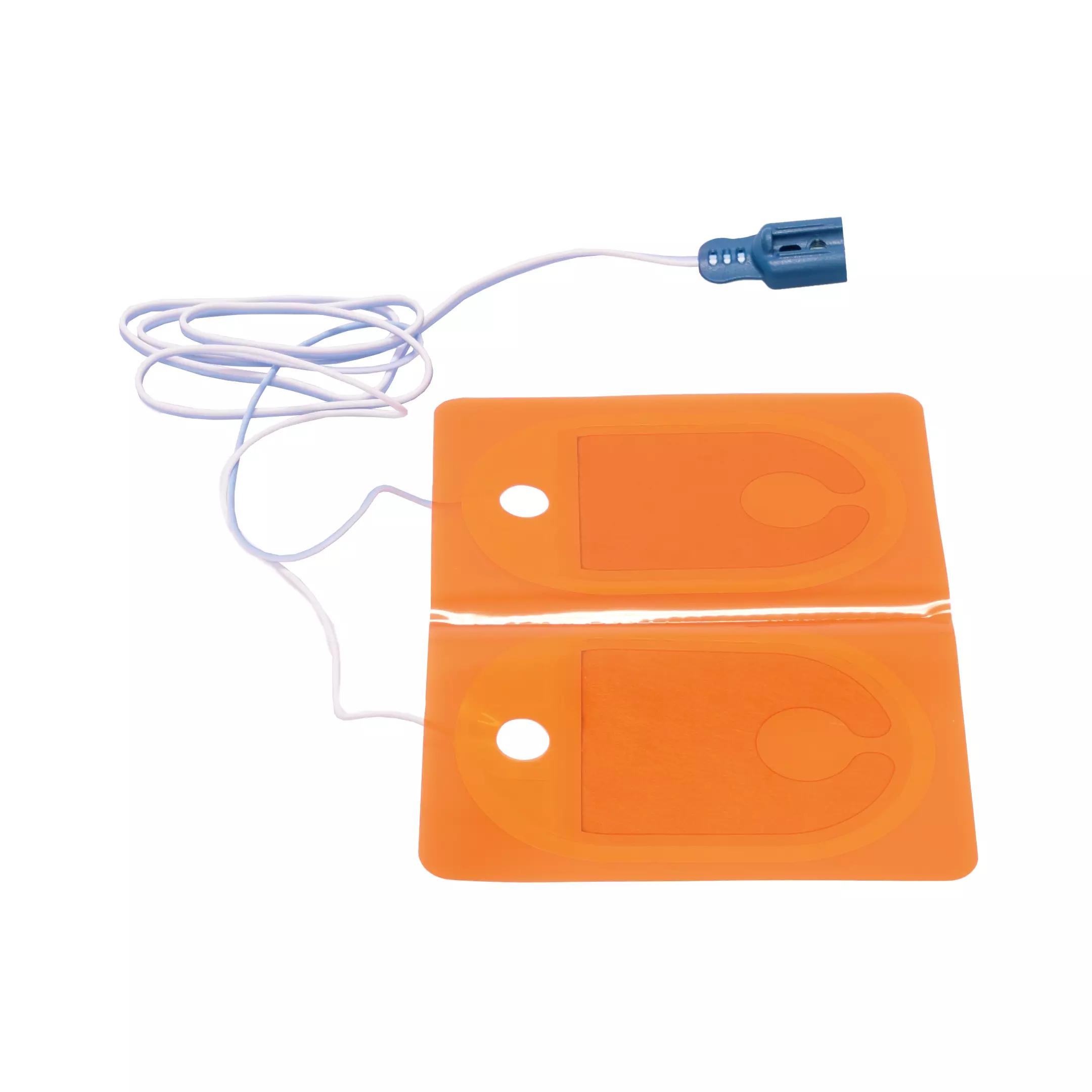 Defibrillationselektroden für Erwachsene für Philips Heartstart FR2 und FR2+, zwei orange Pads mit weißen Anschlusskabeln und blauem Stecker.