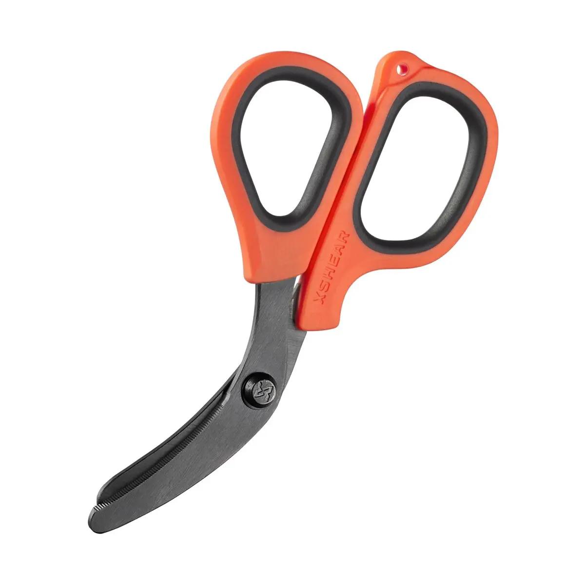 XSHEAR® Mini Traumaschere - Orange mit schwarzem Griff und gezackten, orangefarbenen Klingen und XSHEAR-Logo in Weiß, kompakt und leicht.