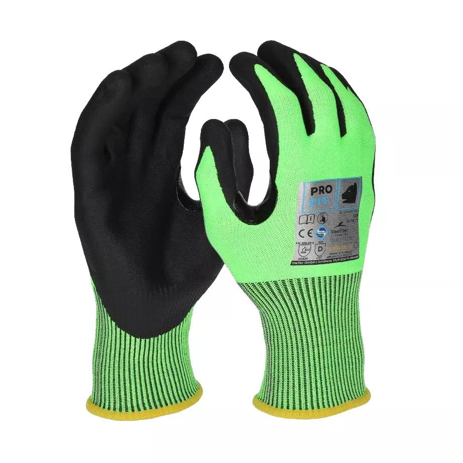 Zwei Schnittschutzhandschuhe Neon Nitril CUT - CUT D - 9 mit neongrüner Handfläche, Strickbund und schwarz abgesetzten Fingerspitzen liegen nebeneinander.