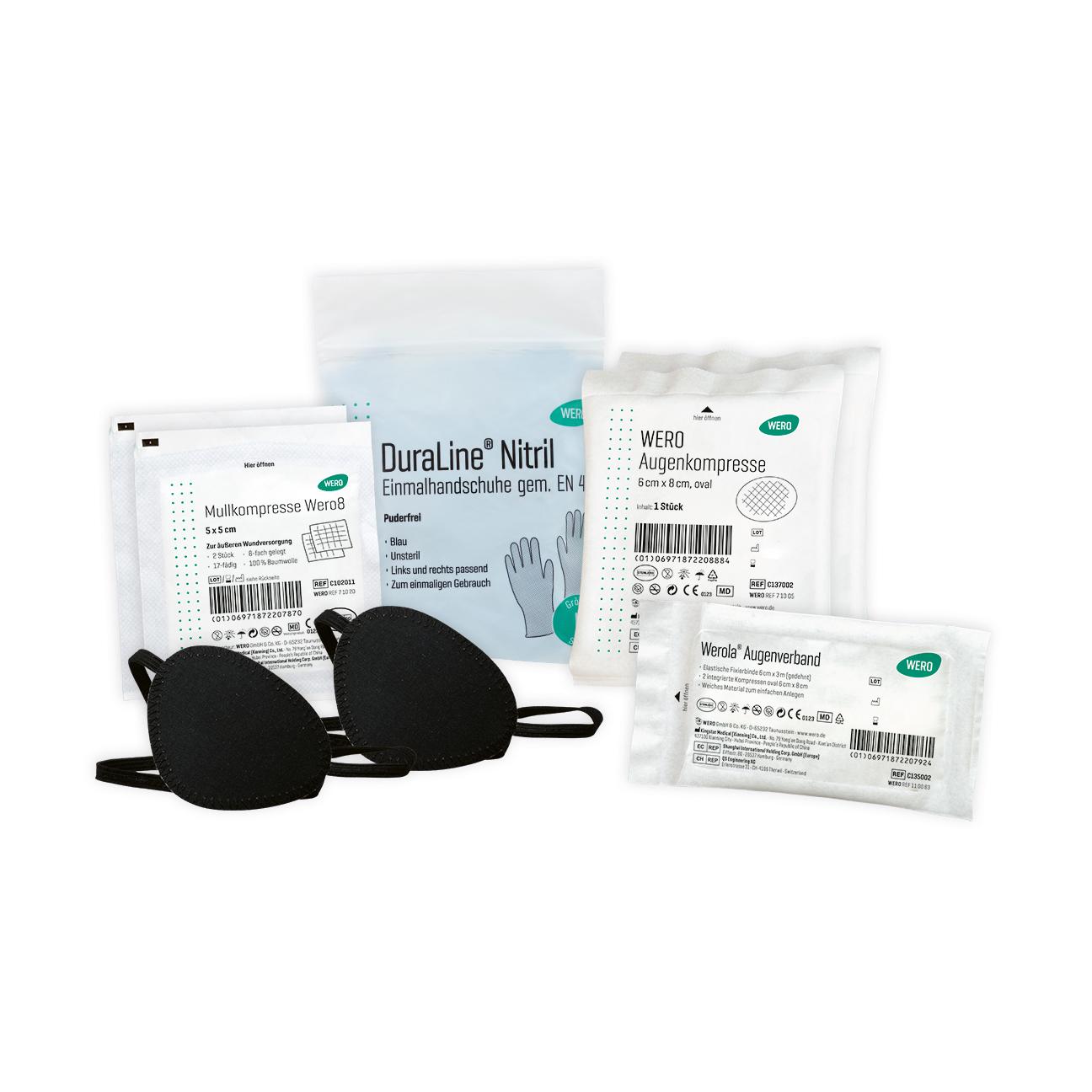 Das WERO Verband Set Auge enthält zwei schwarze Augenklappen, Augenverband, ovale Augenkompressen und Einmalhandschuhe in weißer Verpackung.