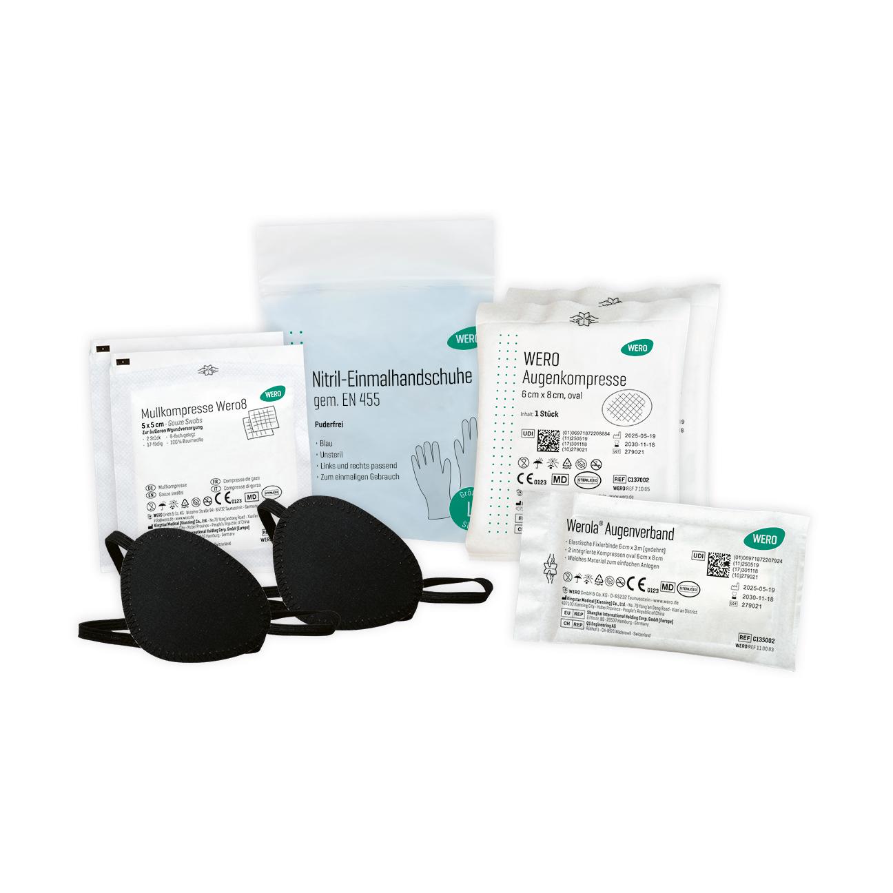 Das WERO Verband Set Auge enthält zwei schwarze Augenklappen, Augenverband, ovale Augenkompressen und Einmalhandschuhe in weißer Verpackung.