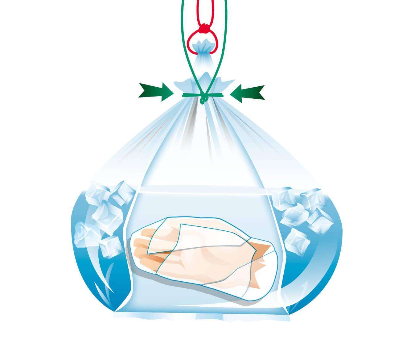 Ein Gefrierbeutel mit Eiswürfeln und in Folie verpacktem Geflügel hängt an rotem Band mit zwei grünen Pfeilen.