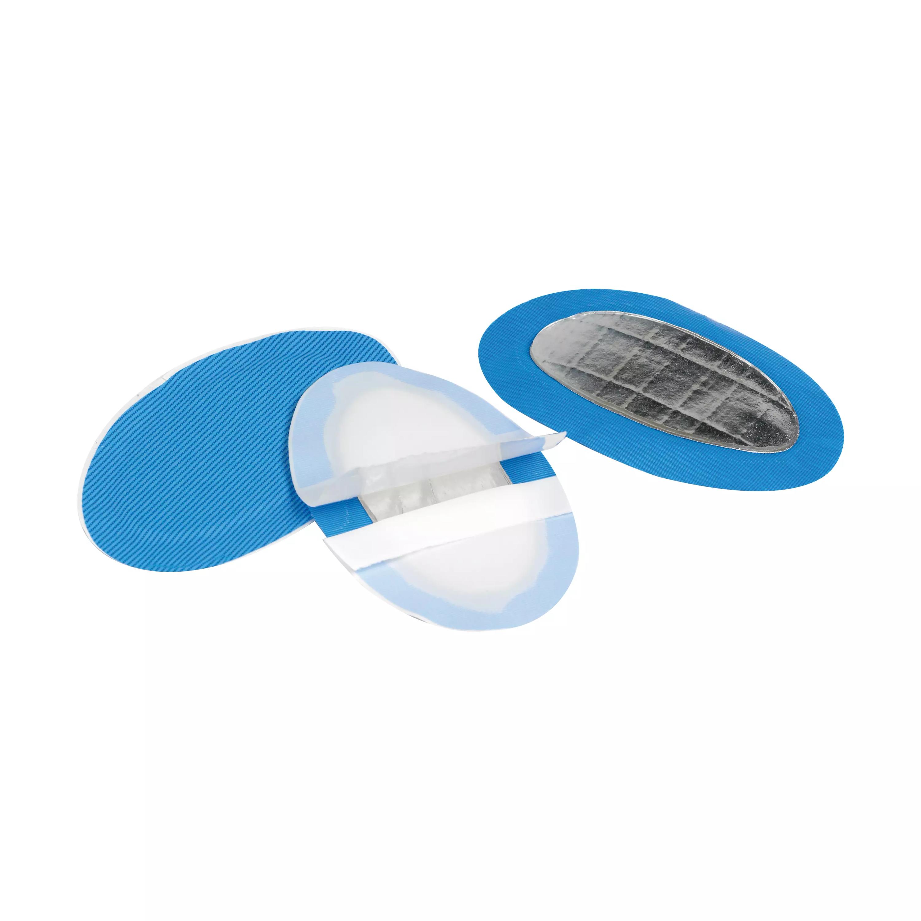 Drei unterschiedlich gefärbte, ovale HydroGel - detektierbare Hydrogelpflaster, Groß, mit strukturierter Oberfläche, liegen locker nebeneinander.