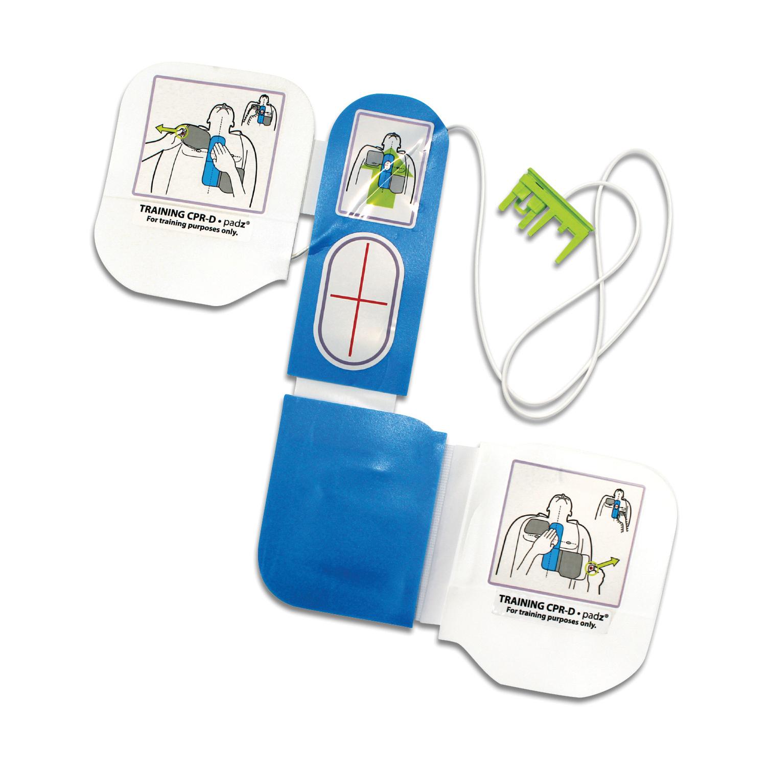 Das geöffnete CPR-D-padz Trainingselektrode für ZOLL AED Plus® Trainer2 zeigt blaue Illustrationen zur Kompressionstiefe und -frequenz und Einmal-Gel-Pads.