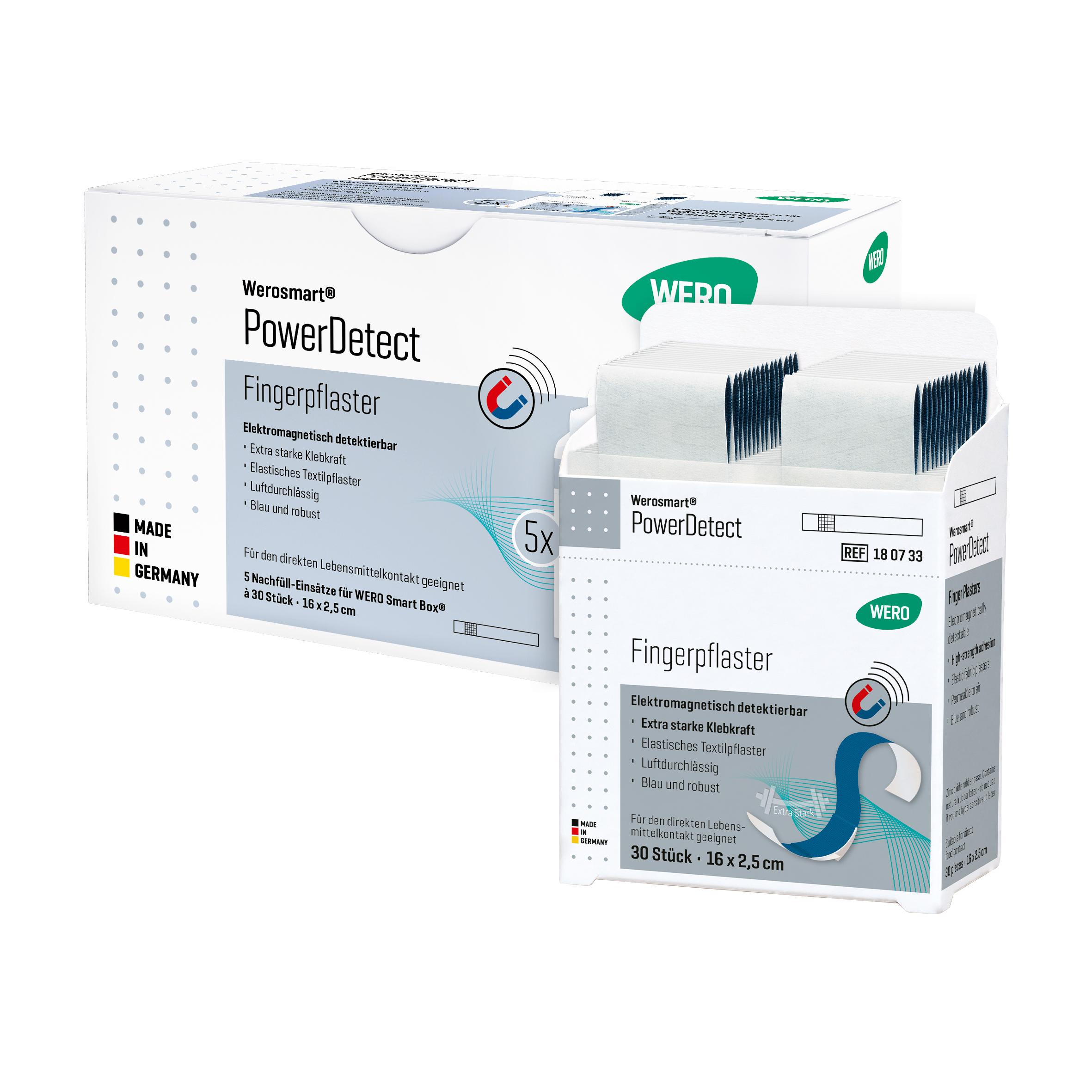 Zwei Boxen Werosmart® PowerDetect Pflasterspender-Einsätze Fingerpflaster mit blauer, elektromagnetisch detektierbarer, extra stark haftender Klebefläche.