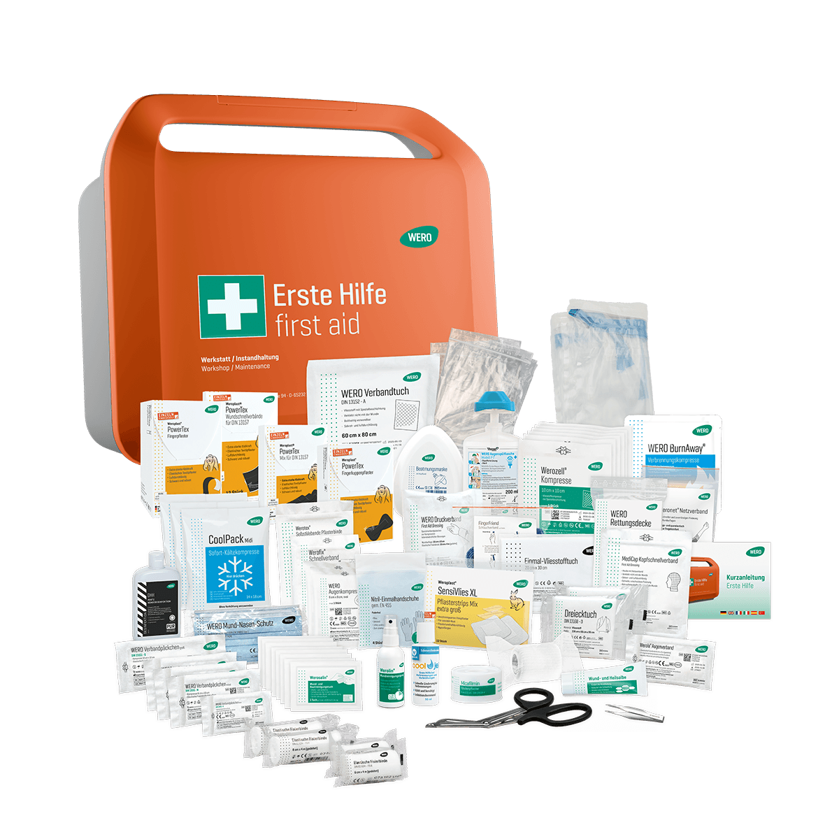 Ein orangefarbener WERO Smart Case® Erste-Hilfe-Koffer DIN 13157 mit diversen Verbänden, Pflastern und Verbandmaterial, ordentlich arrangiert.