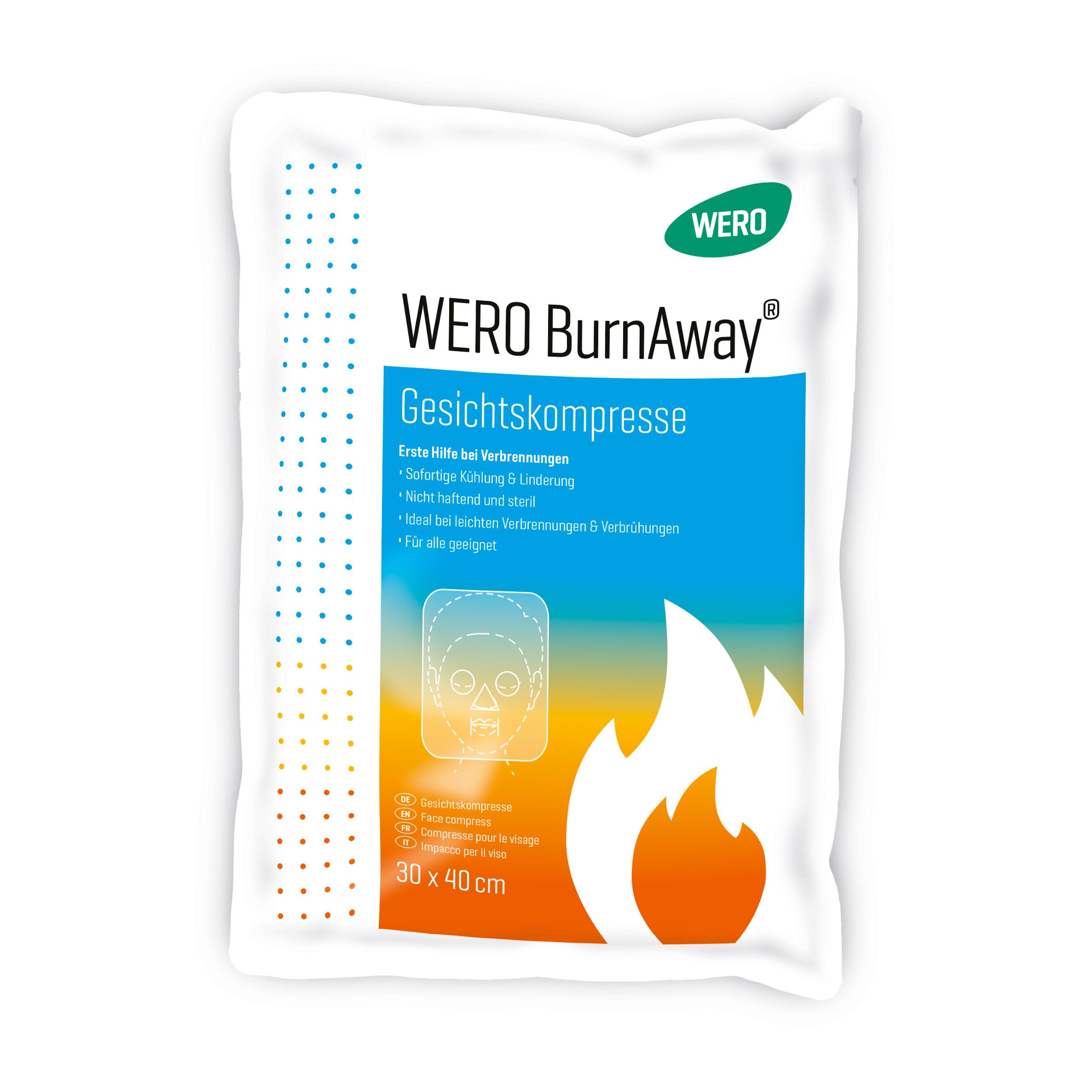 Sterile WERO BurnAway Gesichtskompresse 30 x 40 cm im weißen Beutel mit blau-orangenem Etikett und Flammensymbol.