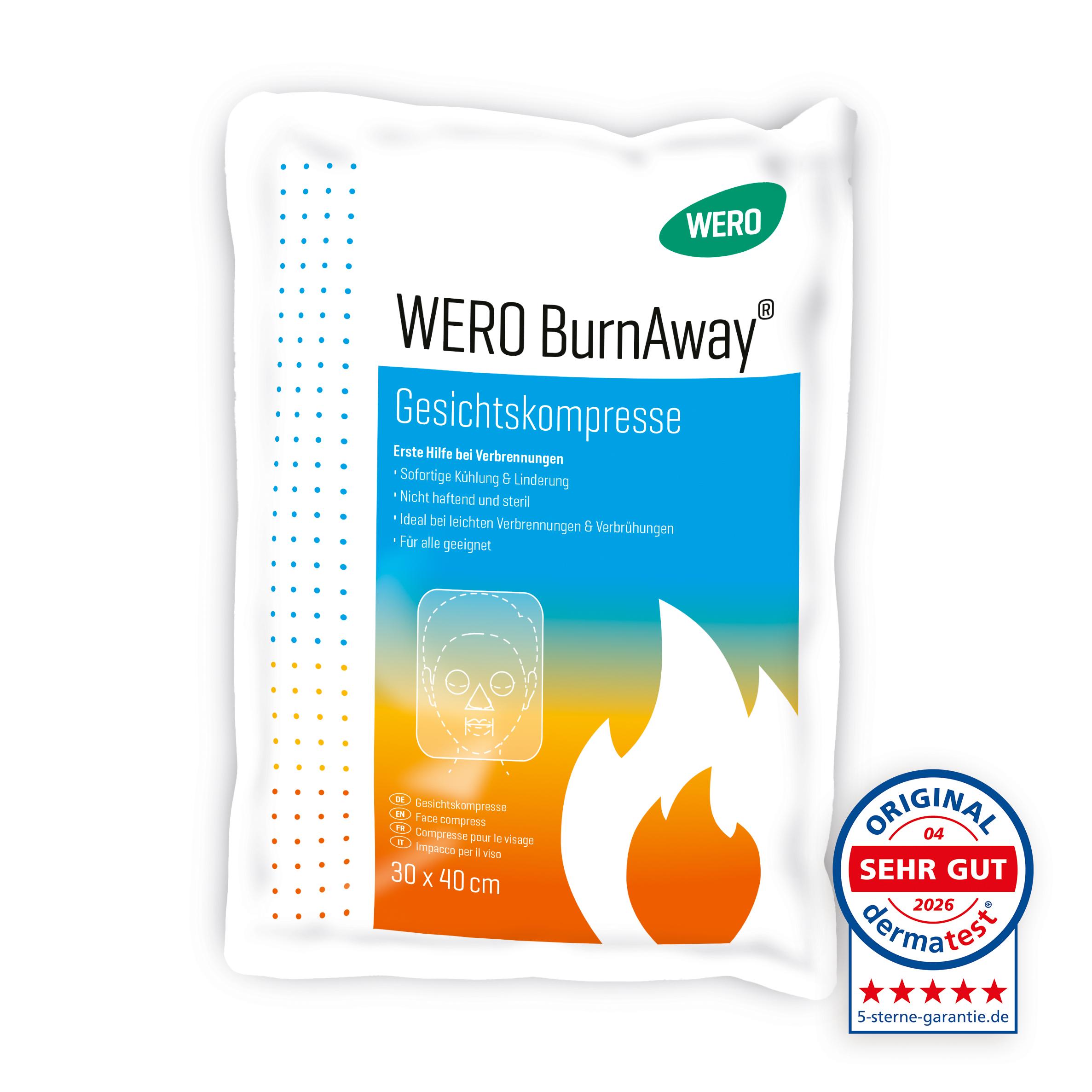 Sterile WERO BurnAway Gesichtskompresse 30 x 40 cm im weißen Beutel mit blau-orangenem Etikett und Flammensymbol.