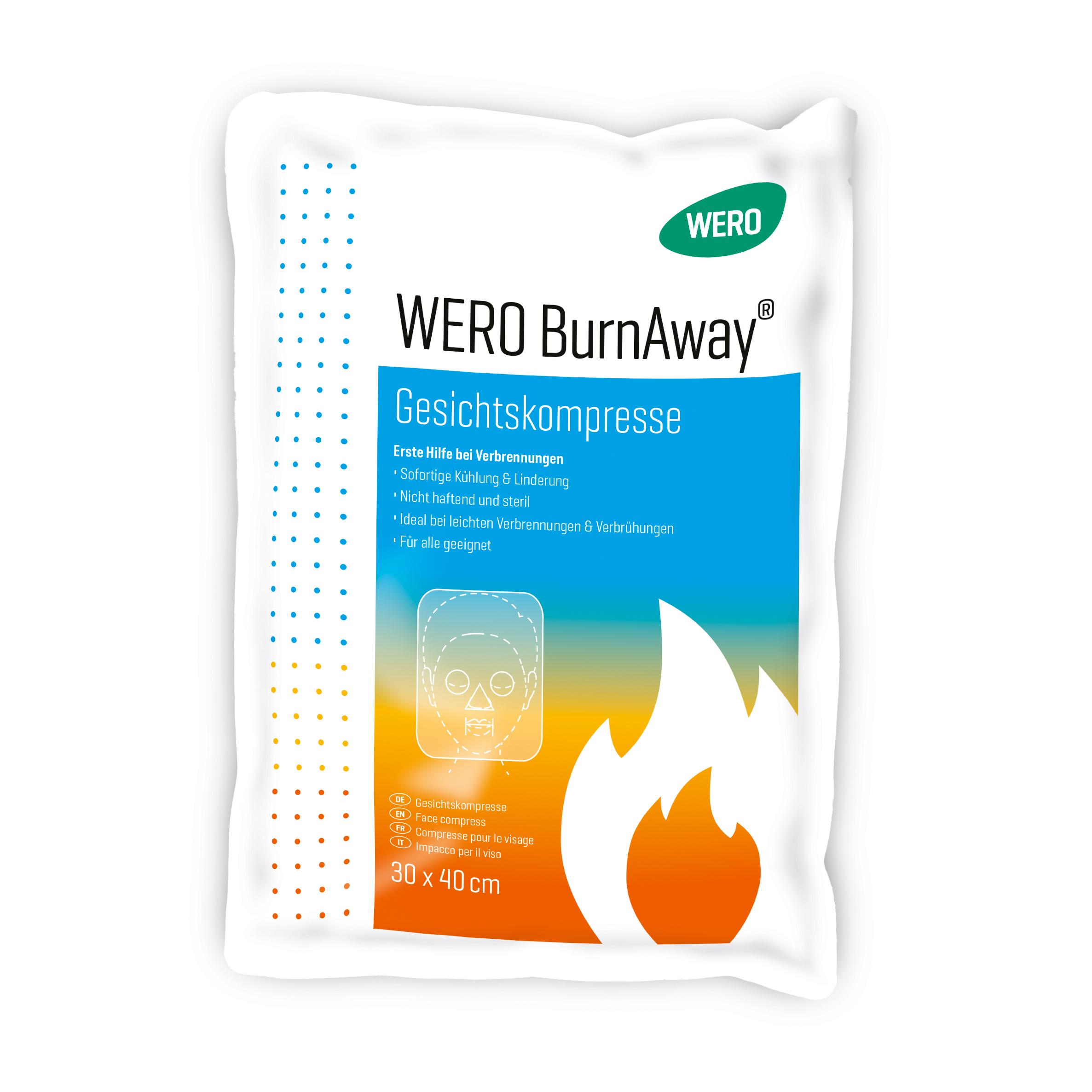 Sterile WERO BurnAway Gesichtskompresse 30 x 40 cm im weißen Beutel mit blau-orangenem Etikett und Flammensymbol.