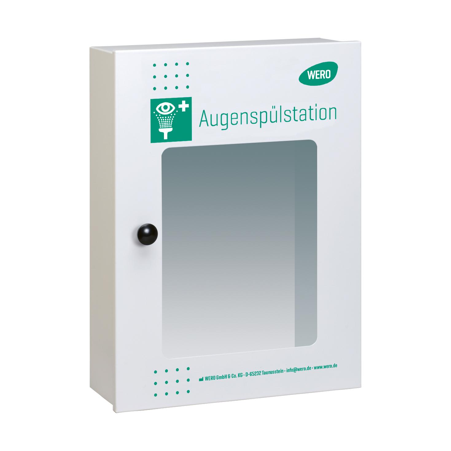 WERO Augenspülstation QuickCheck, leer, weißes Stahlblech mit schwarzem Griff, Sichtfenster und grüner Beschriftung, Spezialhalterung für zwei Flaschen sichtbar.