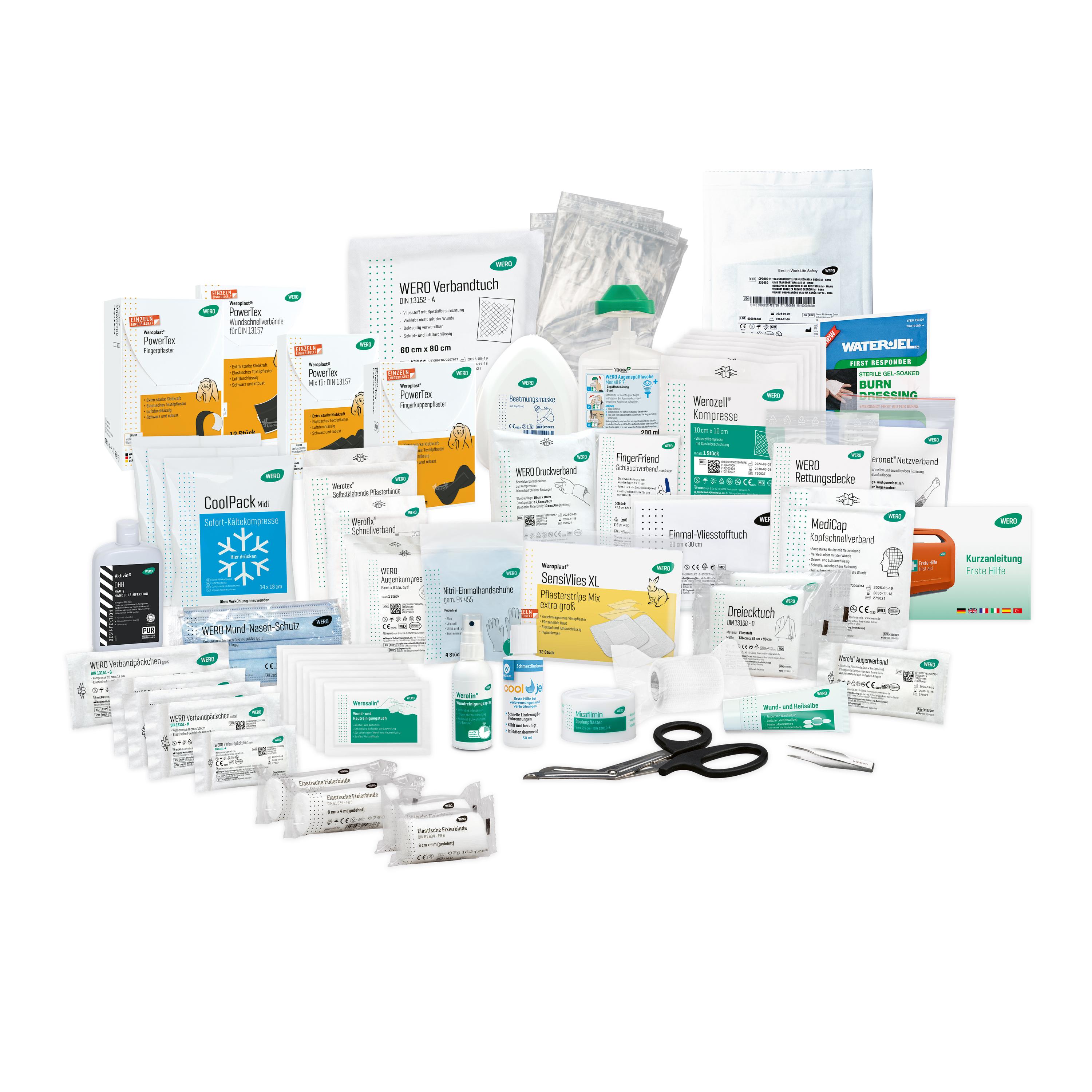 Eine umfangreiche Füllung für Erste Hilfe Koffer Werkstatt / Instandhaltung, bestehend aus Pflastern, Verbänden, Desinfektionsmittel, Schmerztabletten und Scheren.