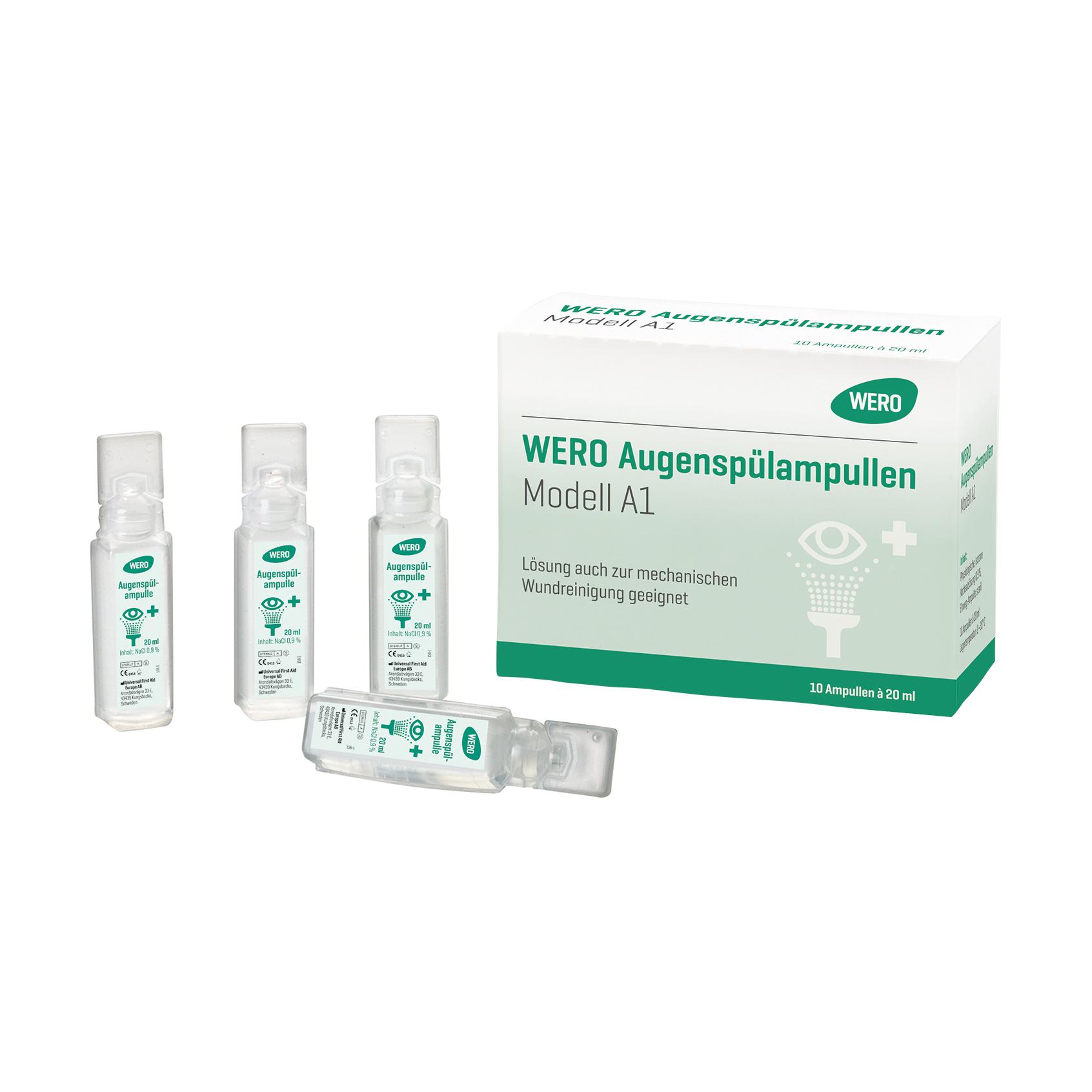 Fünf mit grünem Etikett versehene Ampullen und die Box WERO Augenspülampullen Modell A1, steril, 10 x 20 ml zur Augenreinigung.