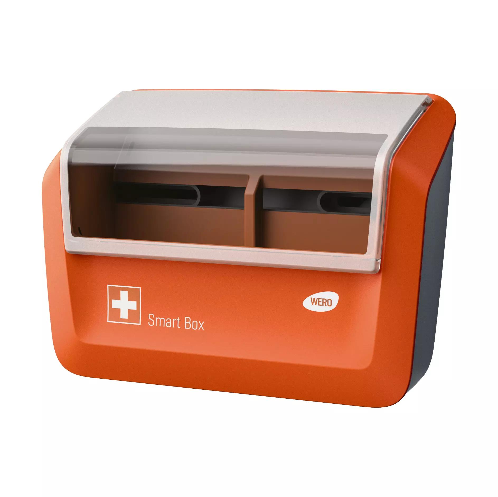 Rechteckige WERO Smart Box® Pflasterspender, leer, aus robustem ABS-Kunststoff mit Sichtfenster und weißem Kreuz, zur sicheren Pflasteraufbewahrung.