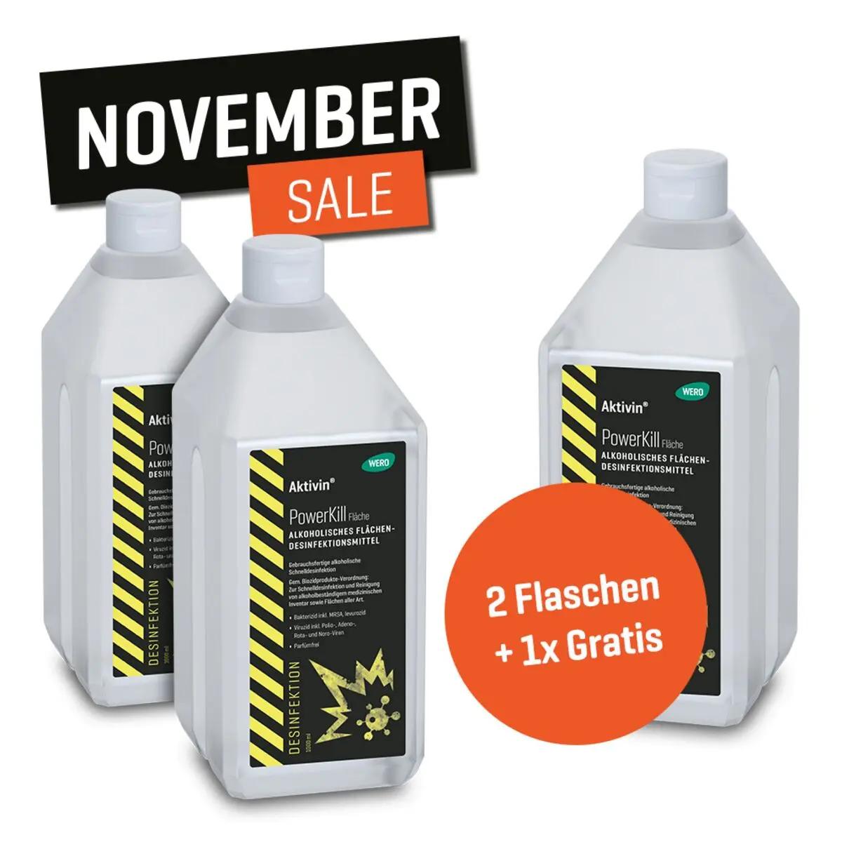 Drei weiße Flaschen des Activin PowerKill Reinigers zur Alkoholentfernung und Reinigung.