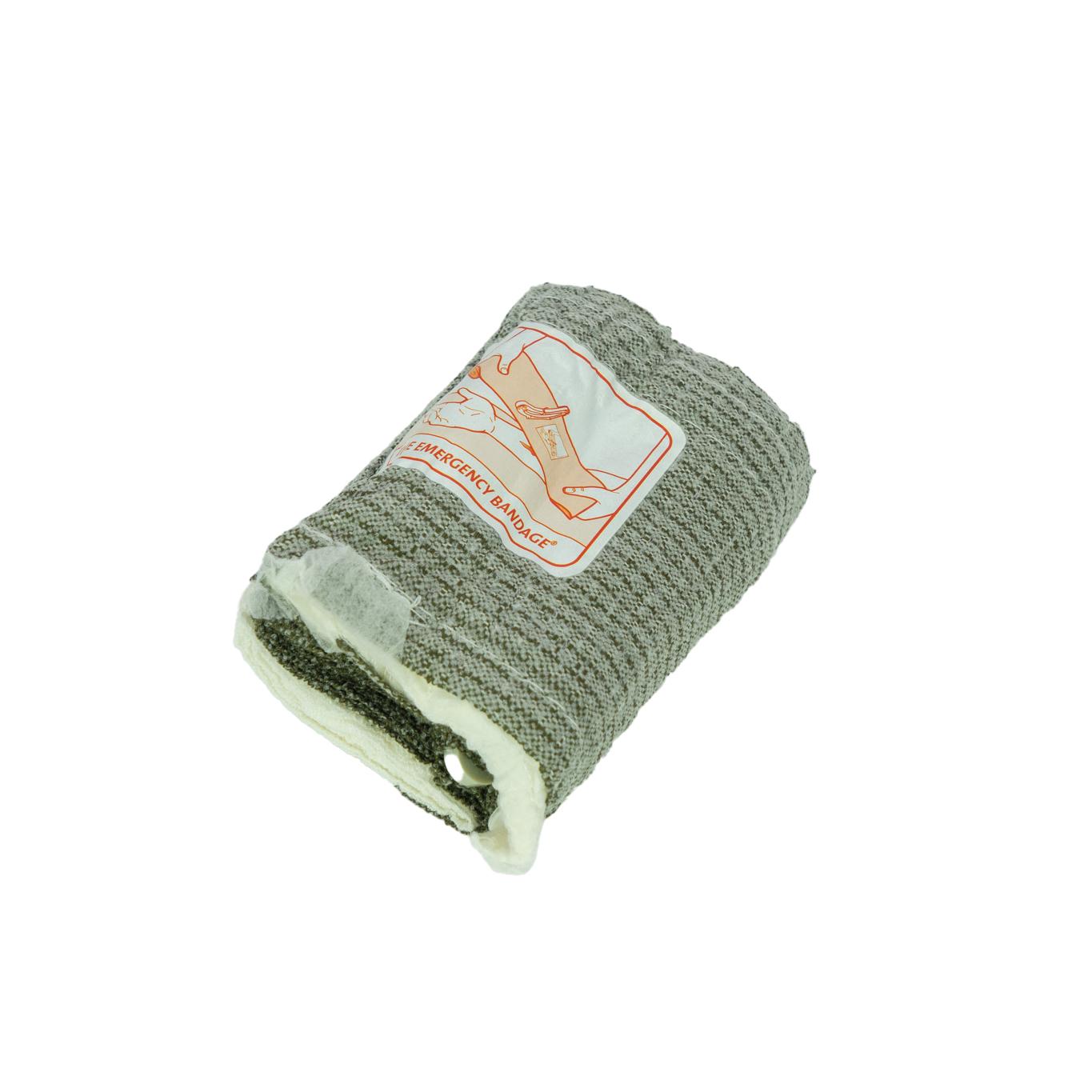 Graumelierte T3 Bandage™ mit weißem Rand und Etikett, zeigt Illustration einer handgehaltenen Bandage, ausgestattet mit zwei Wundauflagen und Mullbinde.