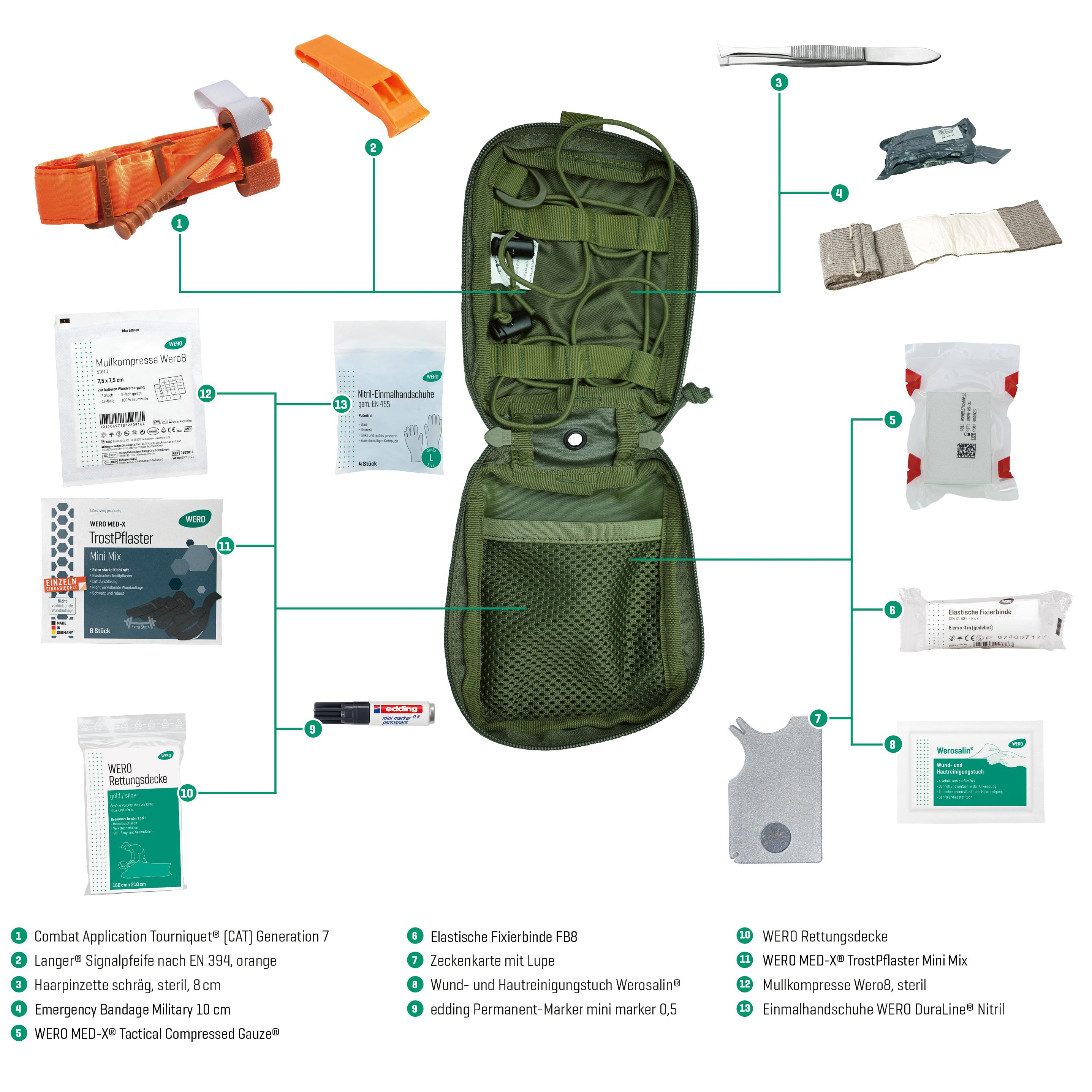 Ein WERO MED-X Hunter Medic Pack - Advanced als grüne, robuste Erste-Hilfe-Tasche mit Bestückung für schwere Blutungen und Reißverschluss.
