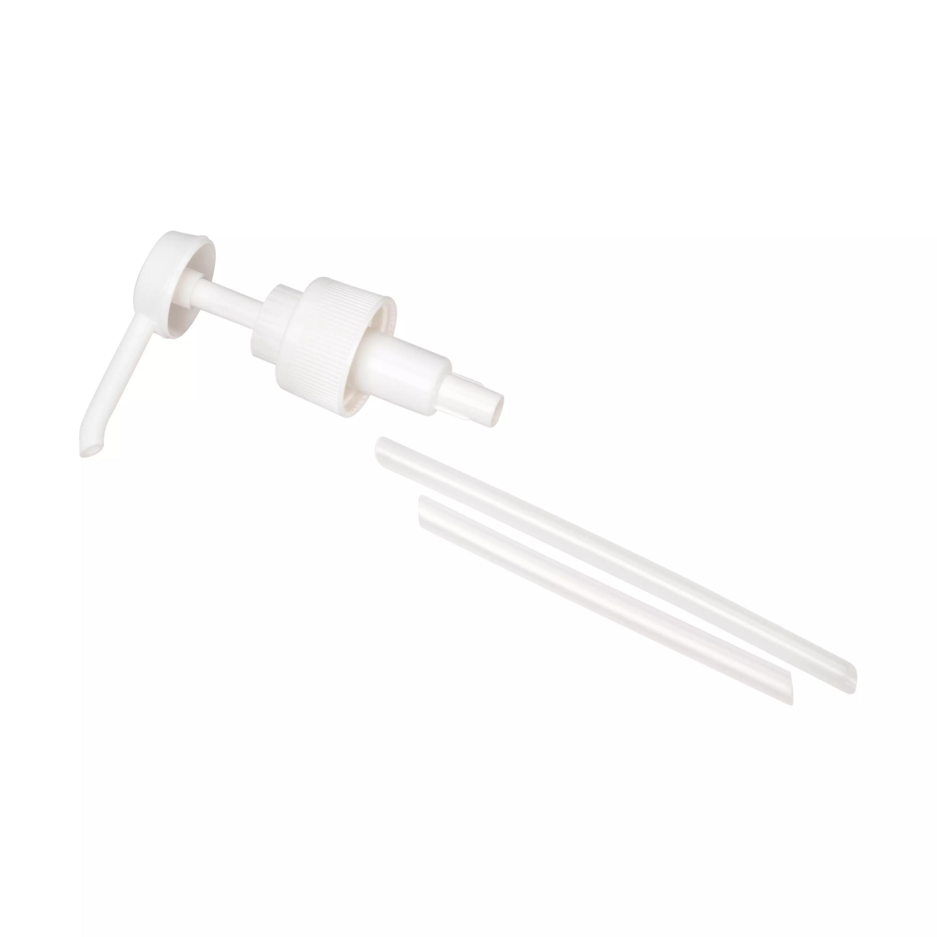 Eine zerlegte Dosierpumpe für 500 ml / 1.000 ml, ø 28 mm mit geriffeltem Pumpkopf und zwei flexiblen weißen Kunststoffschläuchen.