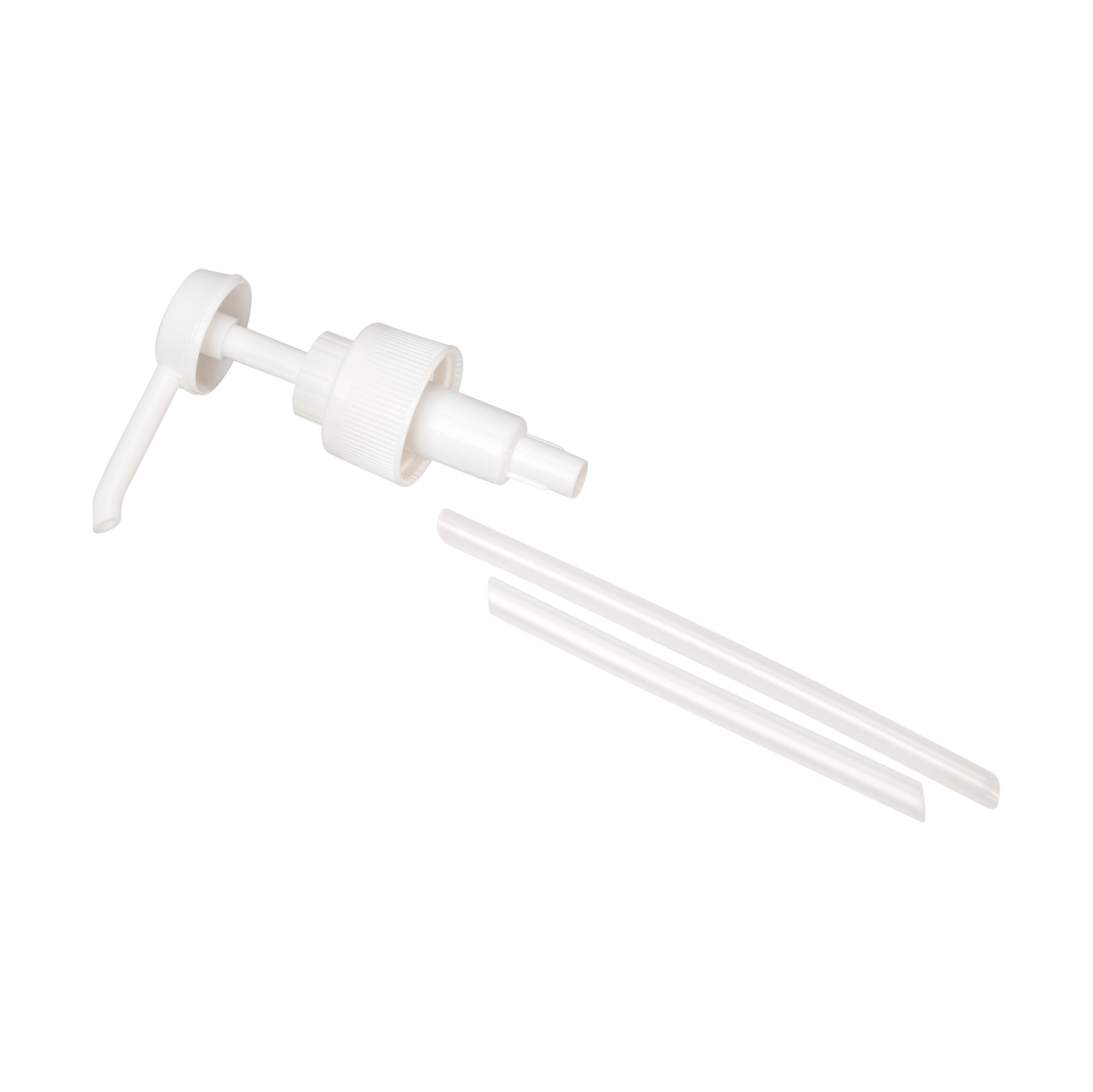 Eine zerlegte Dosierpumpe für 500 ml / 1.000 ml, ø 28 mm mit geriffeltem Pumpkopf und zwei flexiblen weißen Kunststoffschläuchen.