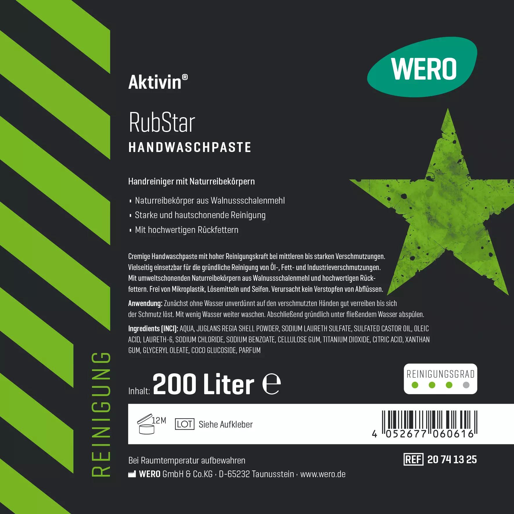 Das Etikett des Hautreinigung Aktivin® RubStar - Fass, 200 Ltr zeigt eine grüne Stern-Grafik, Inhaltsstoffe und Hinweise zu natürlicher, cremiger Handwaschpaste.