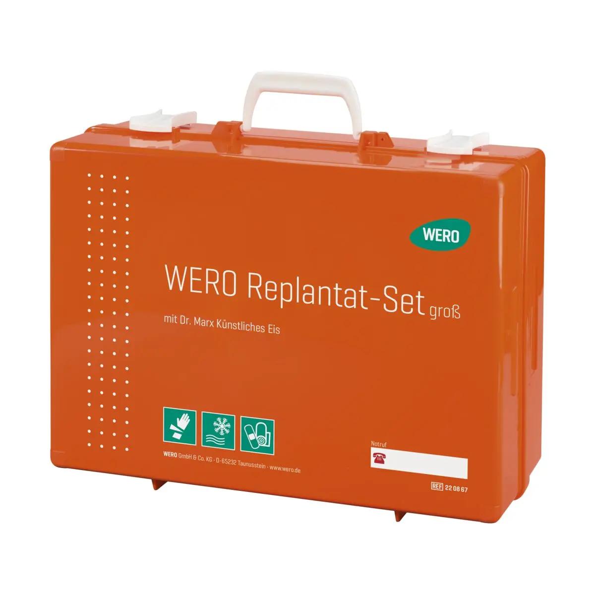 Ein robustes, orangefarbenes Dr. Marx Replantat-Set - Groß, Dr. Marx künstliches Eis, mit Tragegriff, Logos und Feuerfest-Symbolen auf der Front.