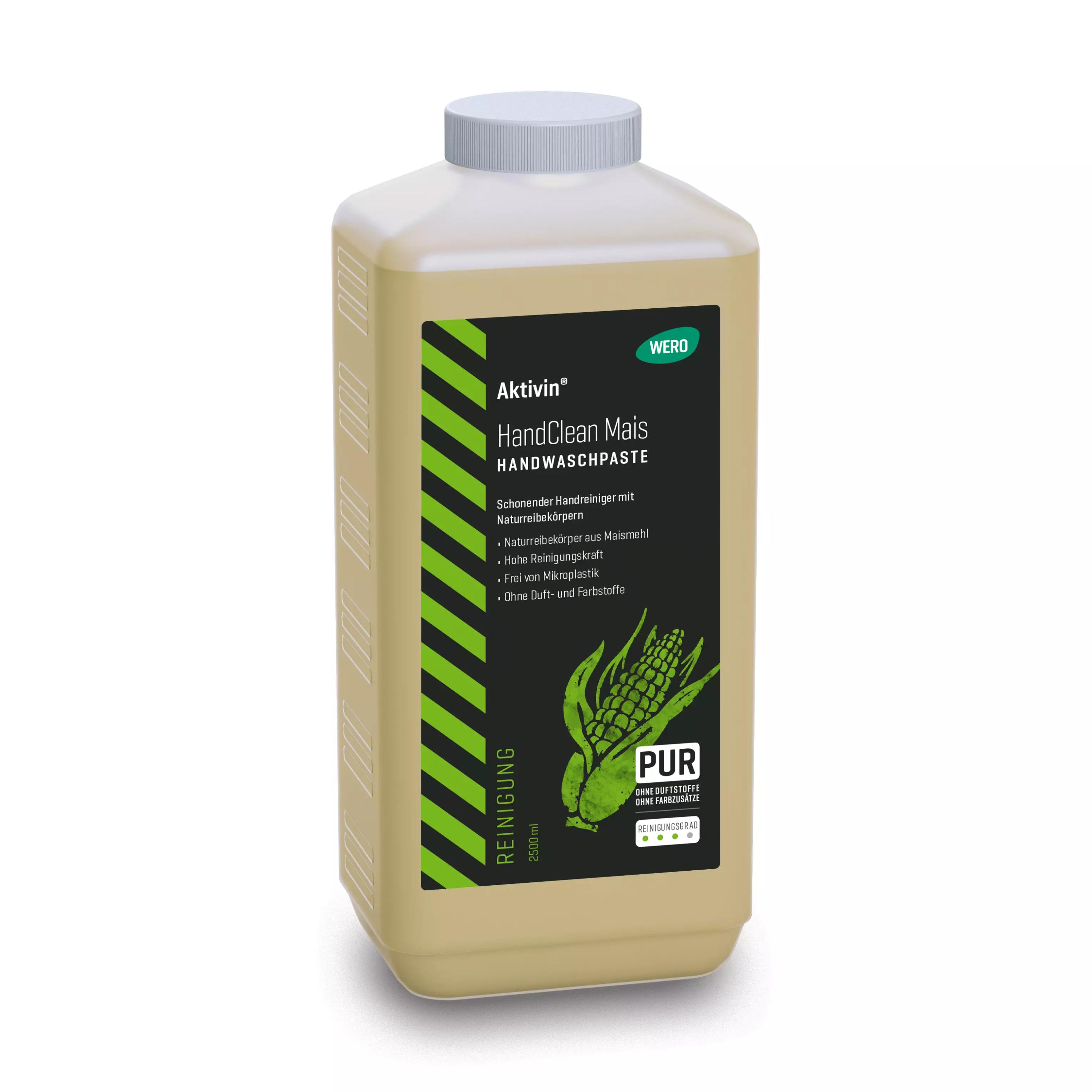 Eine 2.500 ml Flasche Handwaschpaste Aktivin® HandClean Mais mit natürlichem Maismehl-Reibekörper, frei von Duft- und Farbstoffen, steht aufrecht.