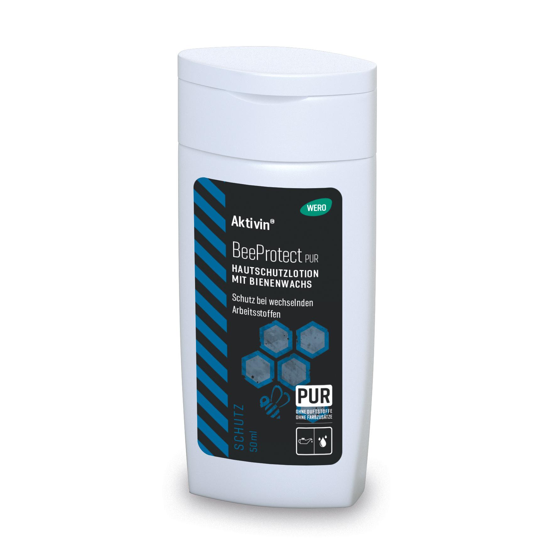 Eine weiße Flasche Hautschutzlotion Aktivin® BeeProtect PUR, 50 ml, mit schwarzem Etikett und grünem Deckel, parfüm- und farbstofffrei, für Allergiker geeignet.