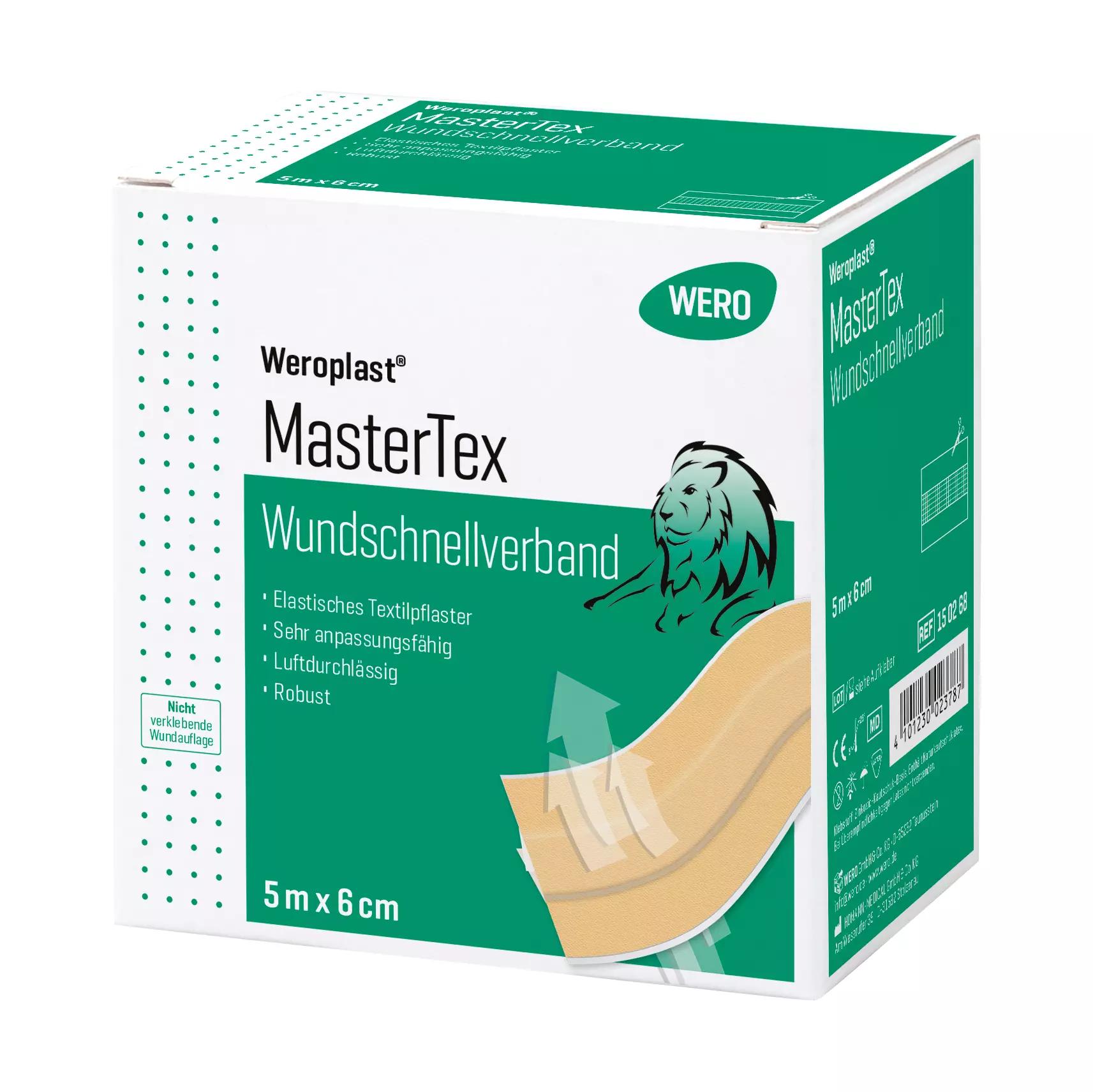 Eine weiße Verpackungsbox des Wundschnellverband Weroplast® MasterTex - 6 cm, 5 m mit grünem Etikett, hypoallergen, nicht klebend und feuchtigkeitsresistent.