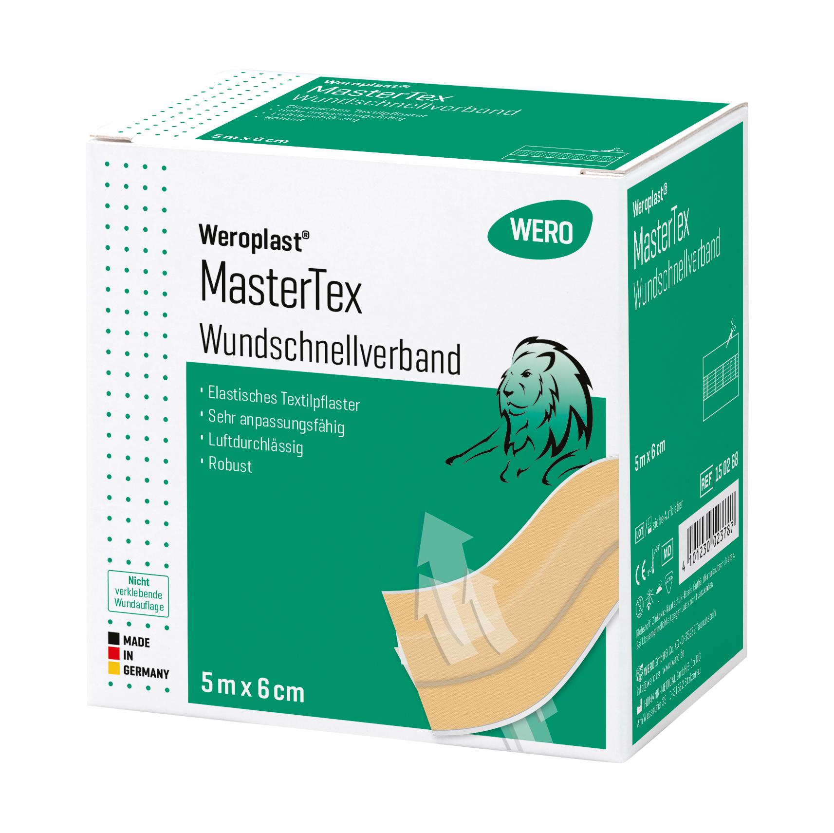 Eine weiße Verpackungsbox des Wundschnellverband Weroplast® MasterTex - 6 cm, 5 m mit grünem Etikett, hypoallergen, nicht klebend und feuchtigkeitsresistent.
