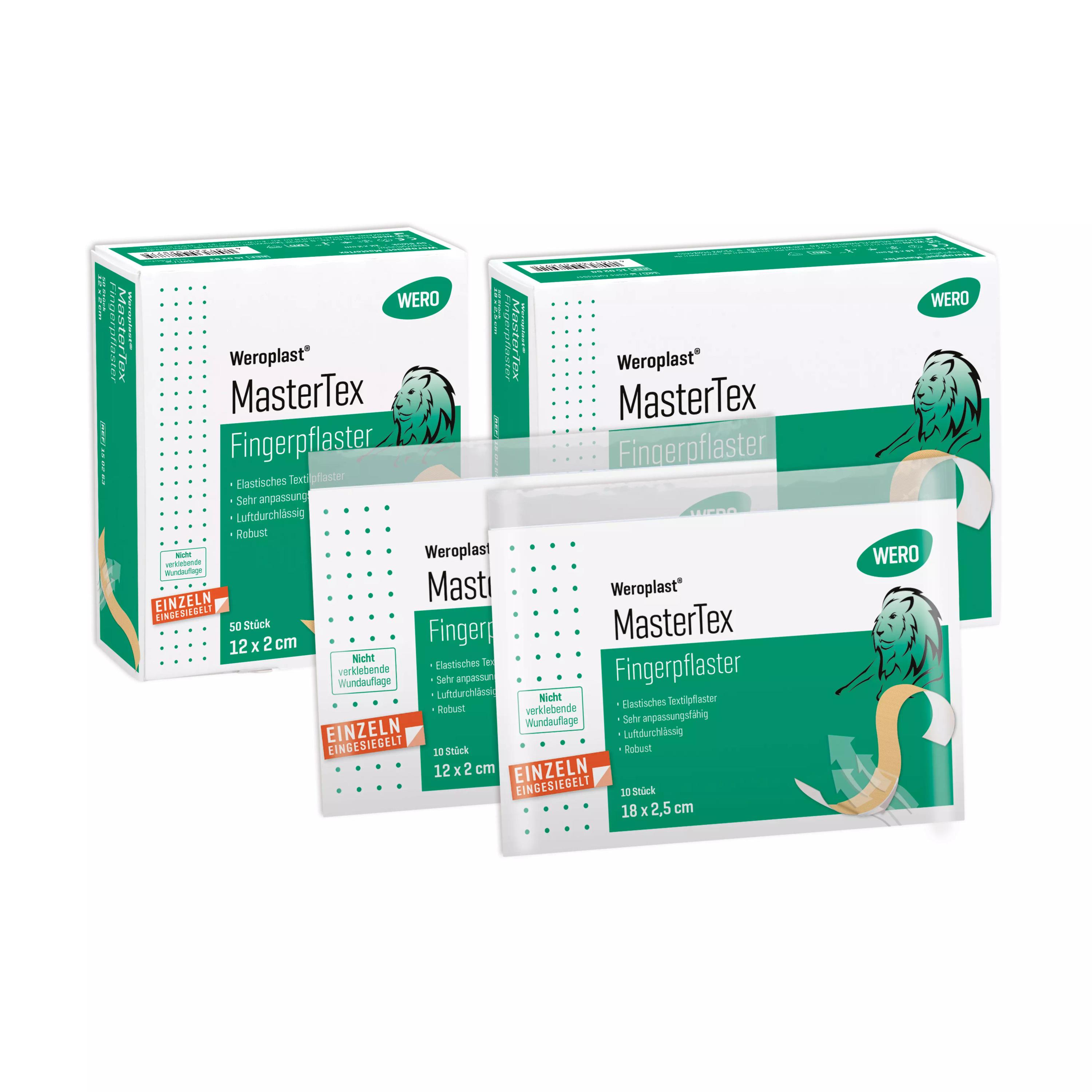 Vier Verpackungen Fingerpflaster Weroplast® MasterTex mit grün-weißem Design und Löwenmotiv zeigen sterile, anpassungsfähige Fingerpflaster aus textilem Gewebe.