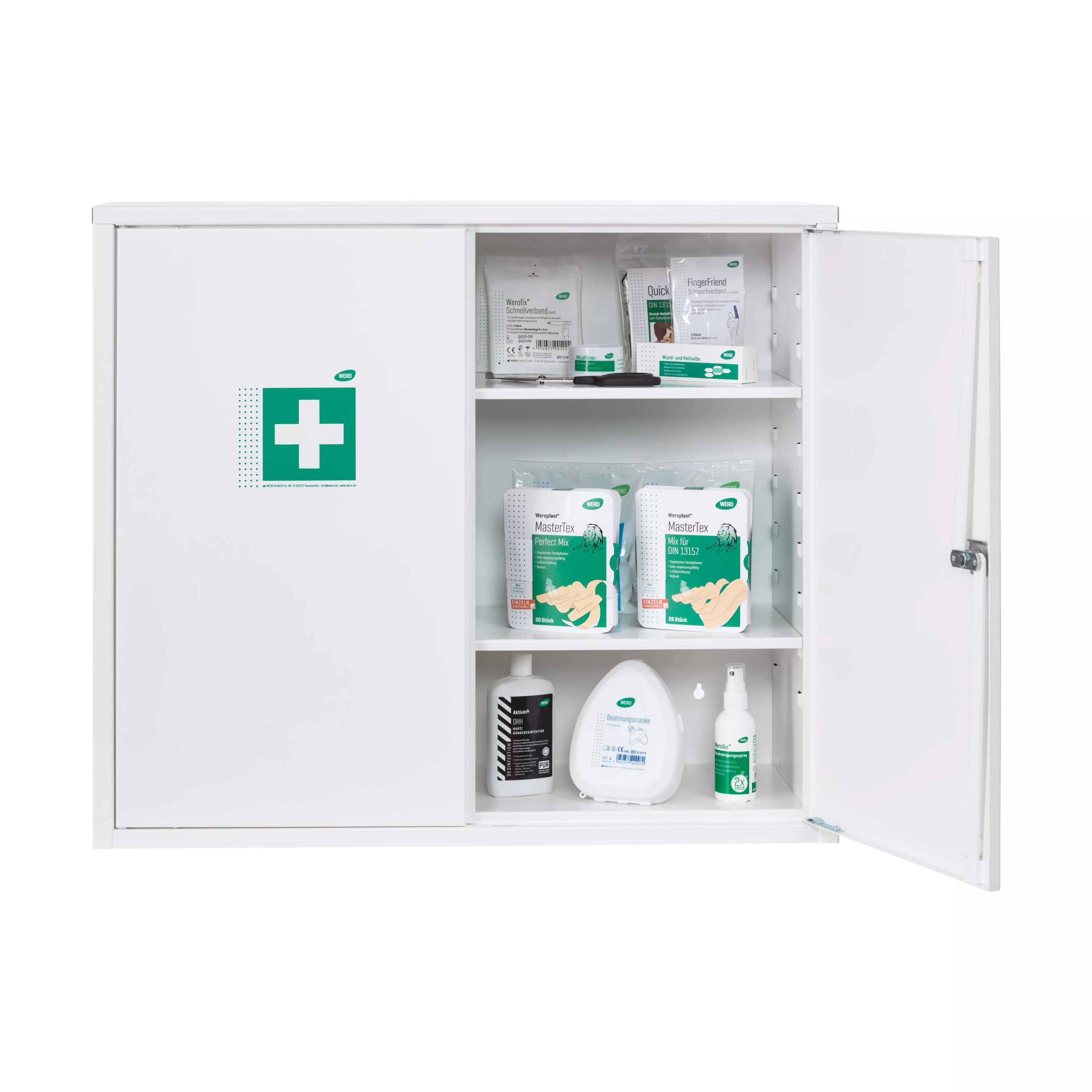 WERO Verbandschrank DuoDoor XL 500 aus Metall mit zwei leicht geöffneten Türen und drei extra tiefen, verstellbaren Zwischenböden, leer.