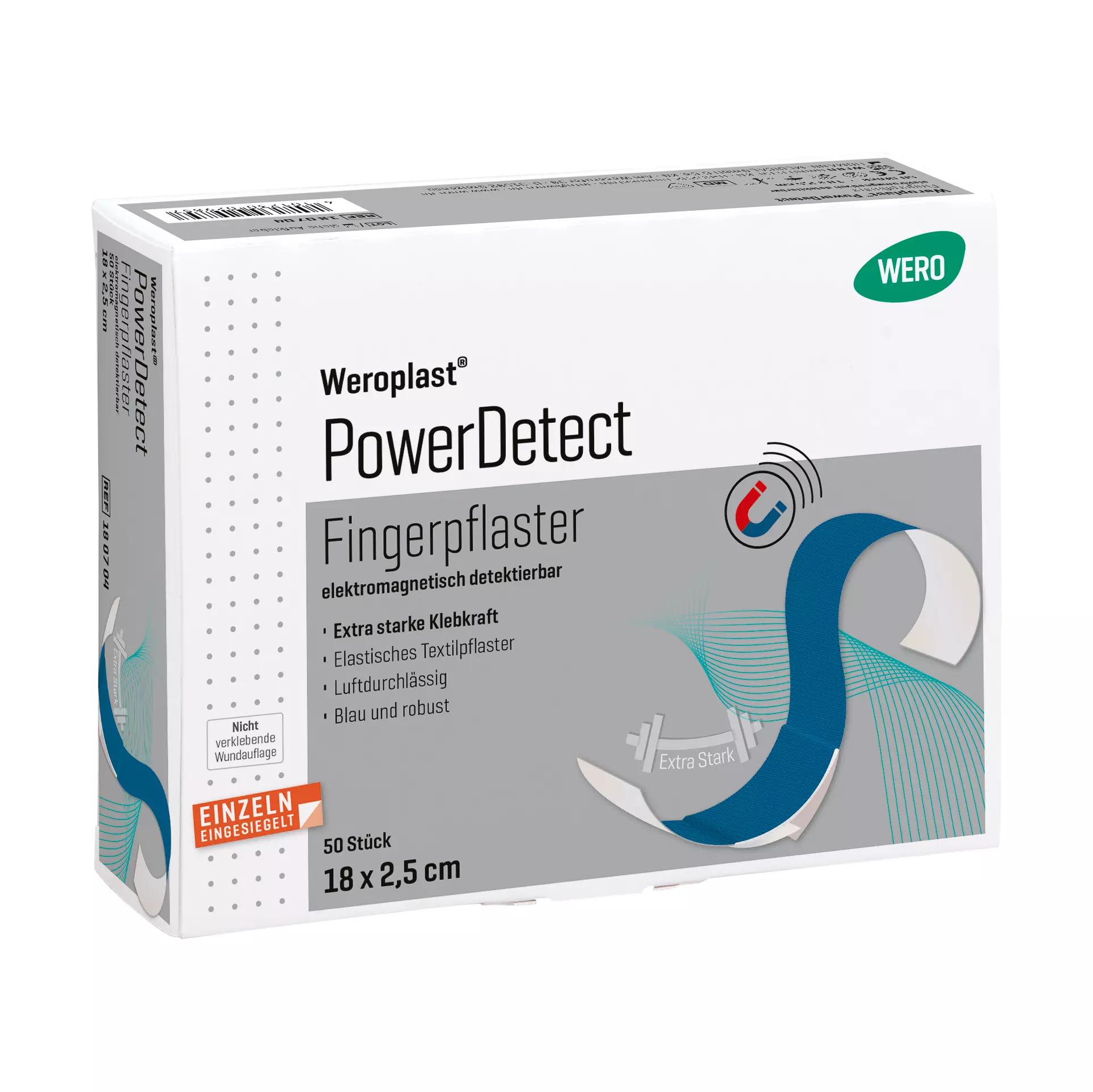 Weroplast® PowerDetect Fingerpflaster - 2,5 cm, 18 cm in weiß-grauer Box mit Hinweis auf detektierbares, elastisches Textilgewebe und Aluminiumstreifen.