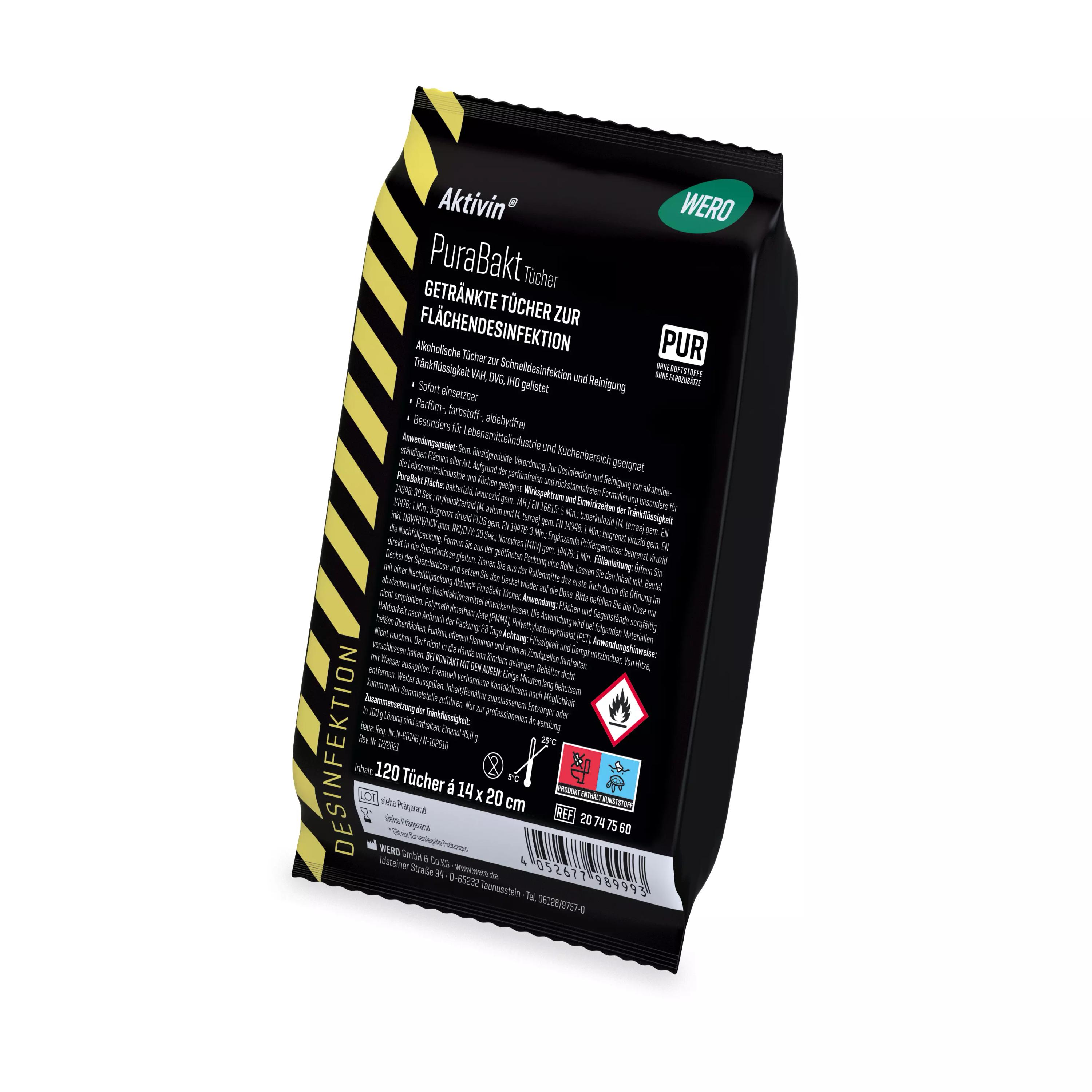 Ein schwarzes und gelbes Flächendesinfektionstuch Aktivin® PuraBakt - Nachfüllpackung steht aufrecht, etikettiert mit Anwendungshinweisen.