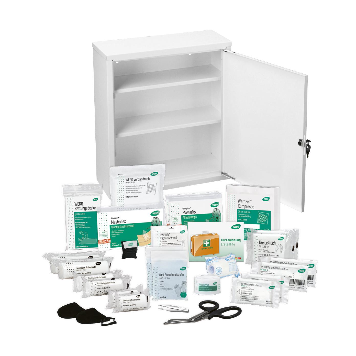 Offener Verbandschrank MidiTrio 200 mit WERO Basis Füllung ÖNORM Z 1020 Typ 1, gefüllt mit Verbandmaterial, Bandagen und Erste-Hilfe-Zubehör.