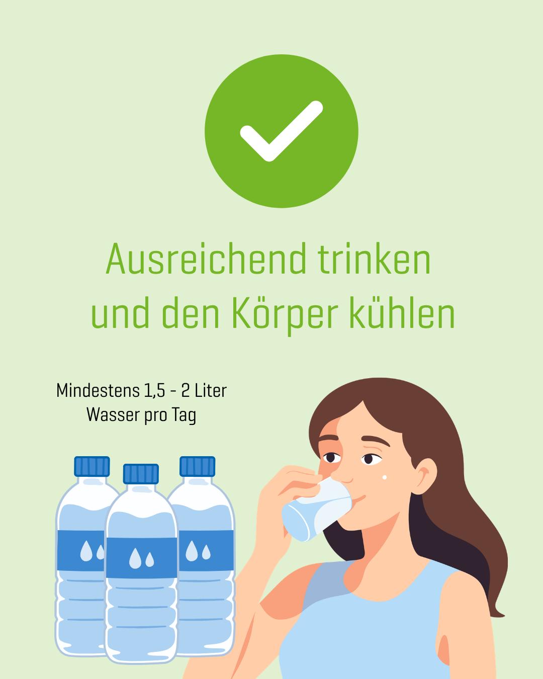 Frau mit langem braunen Haar trinkt aus einem Glas, daneben blaue Wasserflaschen und Empfehlung, mindestens 1,5–2 Liter Wasser täglich zu trinken.