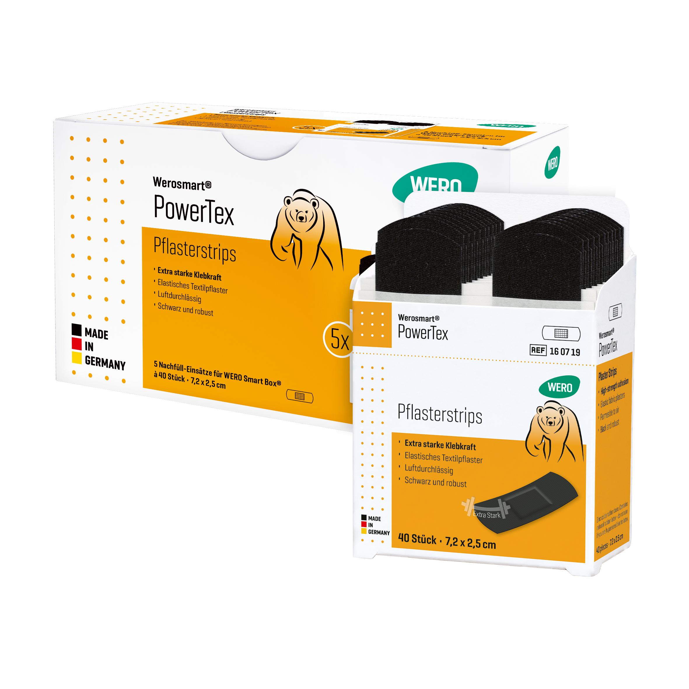 Zwei Verpackungen der Werosmart® PowerTex Pflasterspender-Einsätze Pflasterstrips mit Bärenmotiv, extra starker Qualität und farblichen Markierungen.