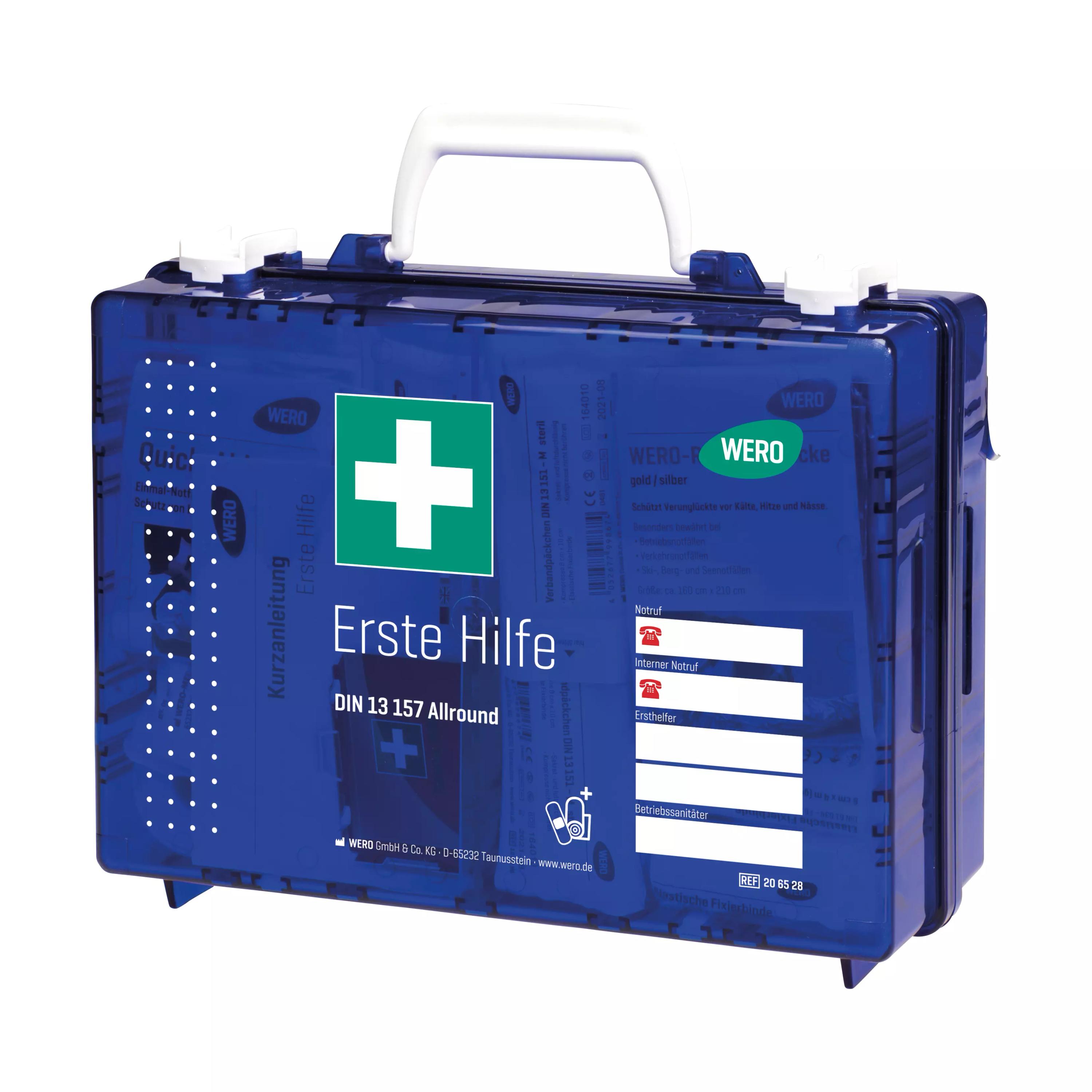 Stabiler Werotop® clear Erste Hilfe Koffer DIN 13157 Allround aus transparent-blauem Kunststoff mit weißem Griff, grünem Kreuz und gut sichtbarer Beschriftung.