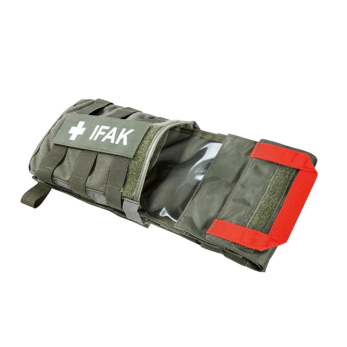 Ein grünes TT IFAK Pouch VL L IRR Erste-Hilfe-Set mit rotem Tragegriff, Sichtfenster, Gurten und Schnallen auf der Frontansicht.