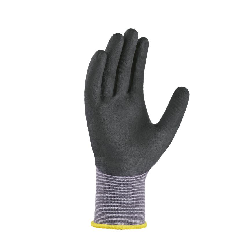 Ein Nylon-Strickhandschuh teXXor BLACK TOUCH, Gr. 10, mit gelbem Bund, zeigt offene Handfläche und strukturierte schwarze Oberfläche.