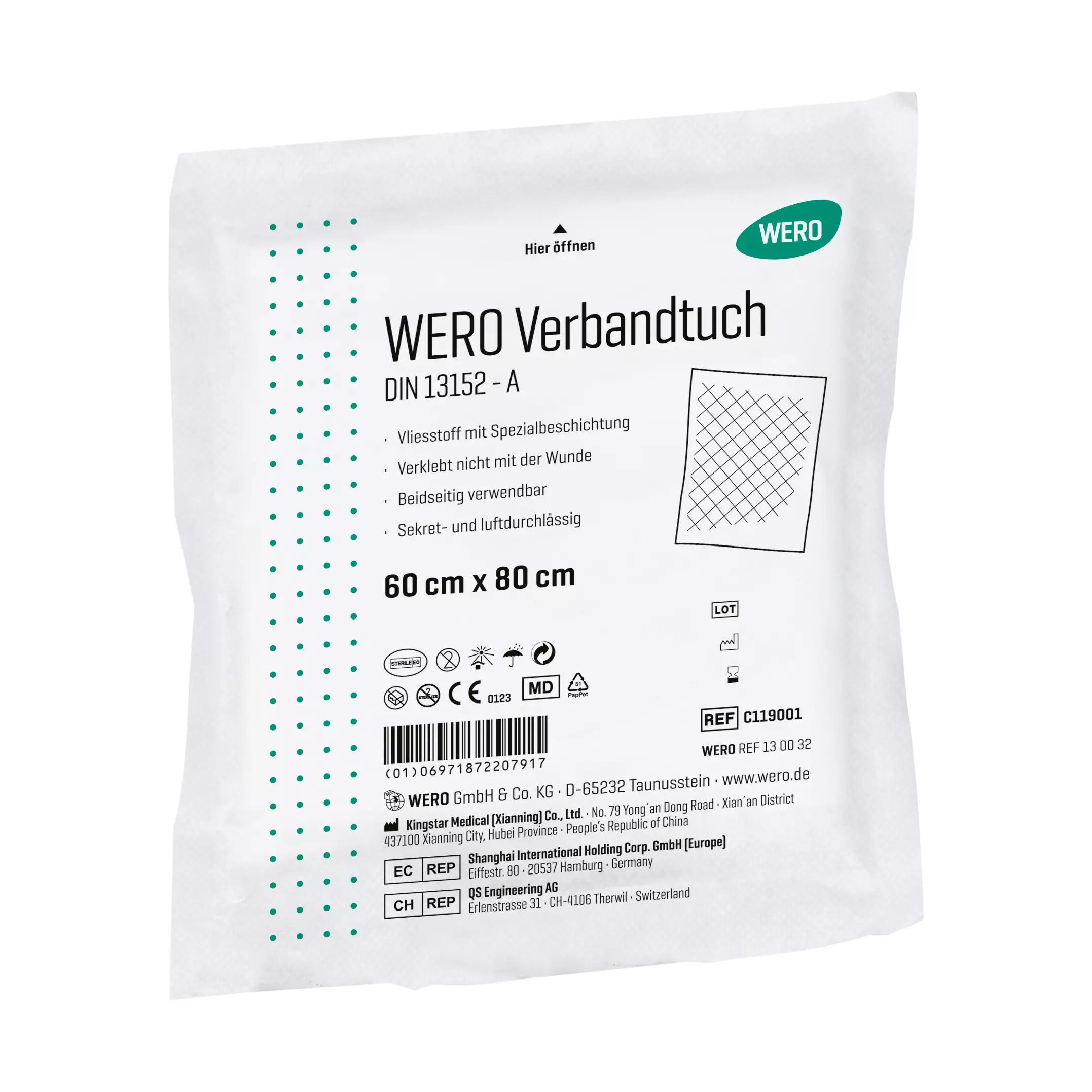 Weiße, leicht geneigte Packung WERO Verbandtuch DIN 13152, steril, 60 cm, mit grünem Etikett, Produktinformationen und CE-Zertifizierung.