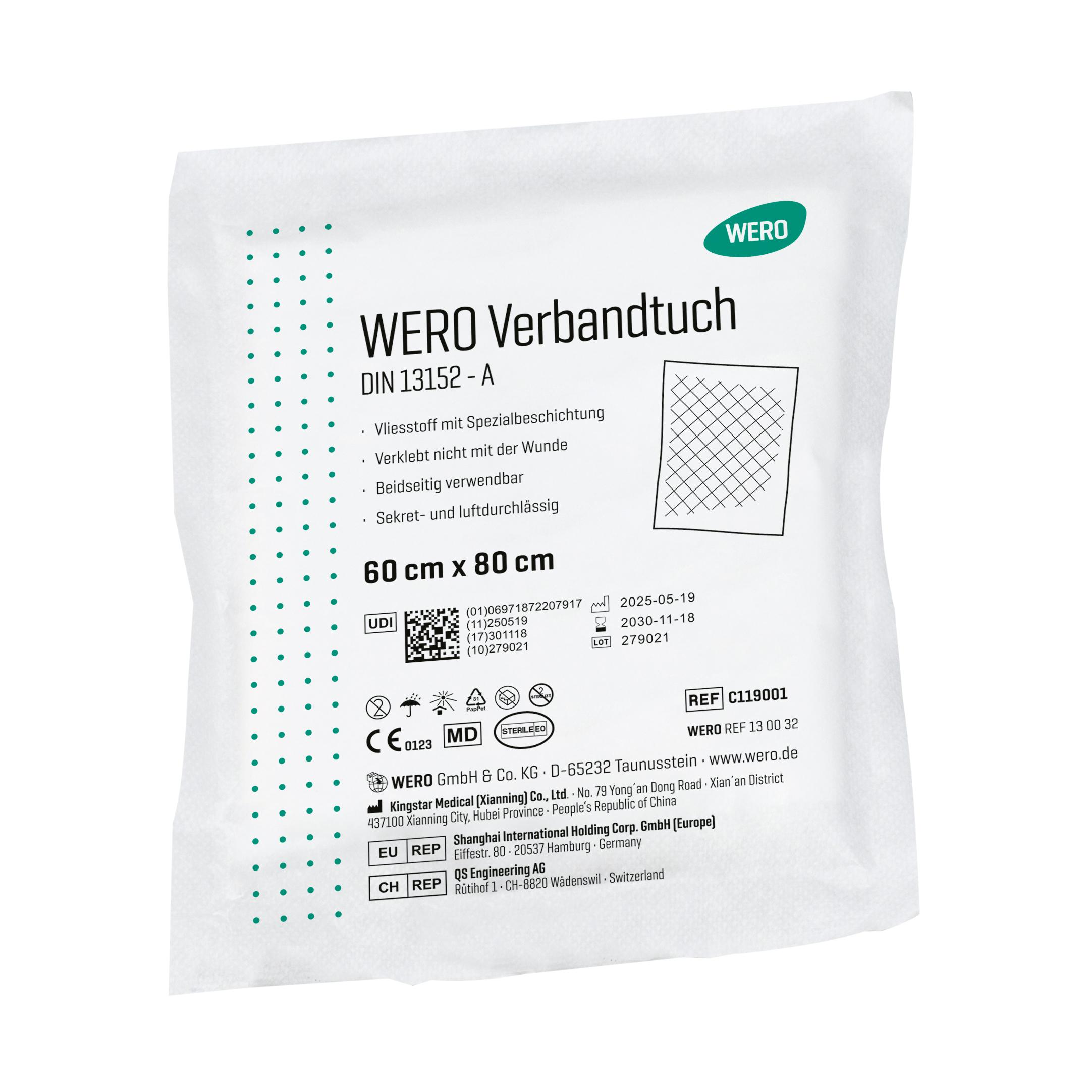 Weiße, leicht geneigte Packung WERO Verbandtuch DIN 13152, steril, 60 cm, mit grünem Etikett, Produktinformationen und CE-Zertifizierung.